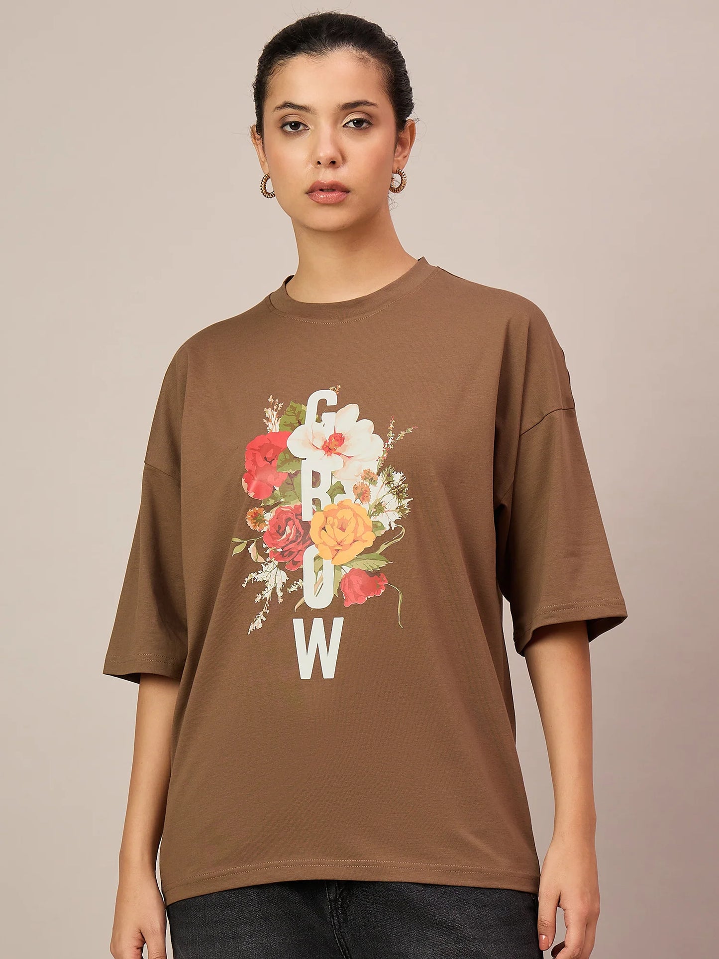 Women Brown Oversized Tees - Reprise