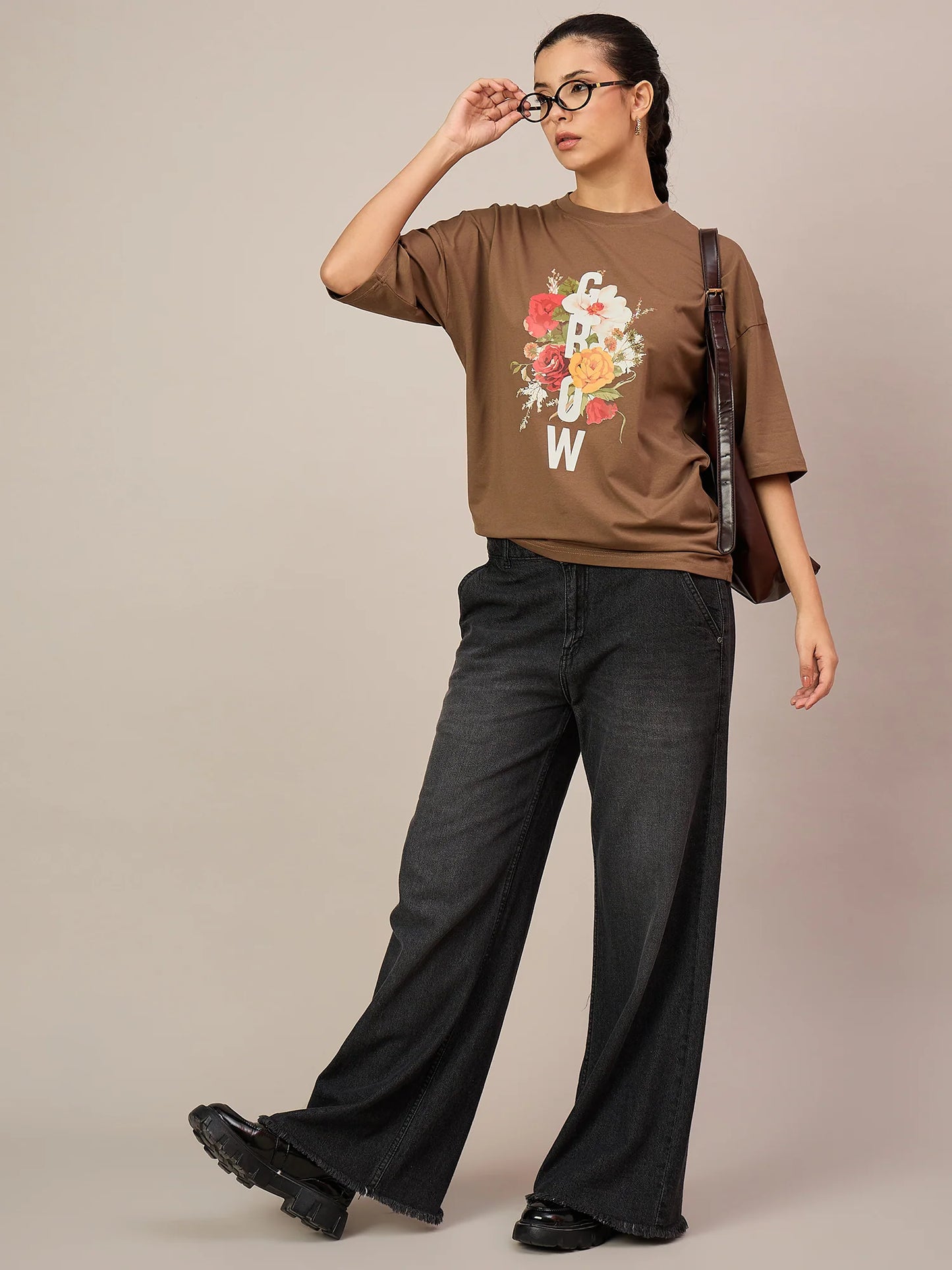 Women Printed Oversized Tees Brown