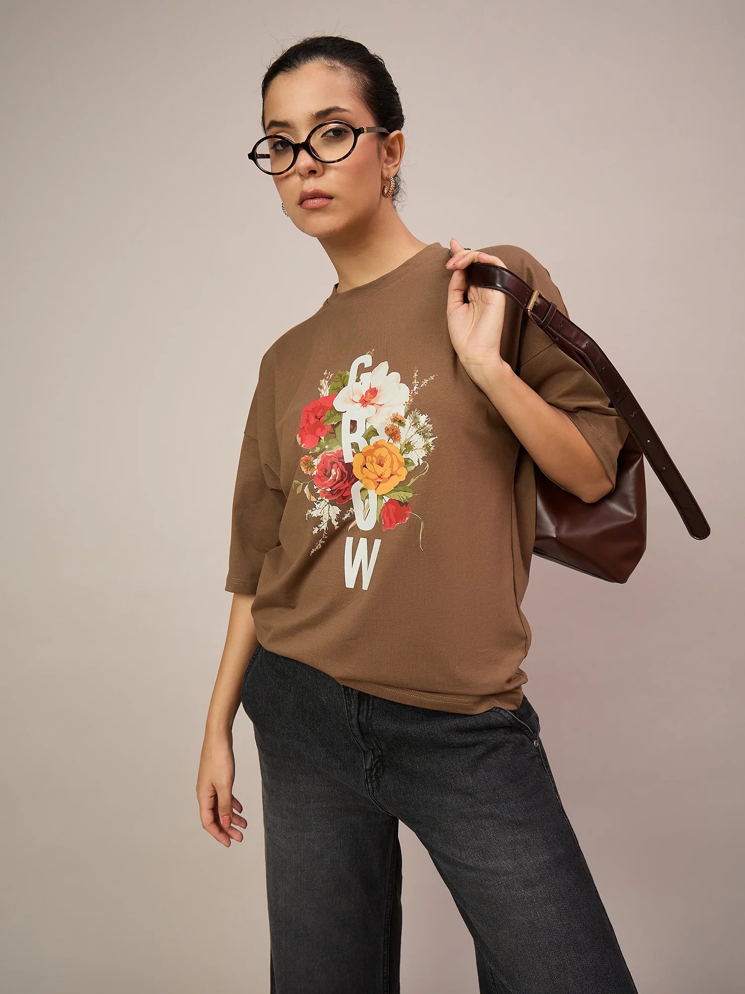 Women Brown Oversized Tees - Reprise