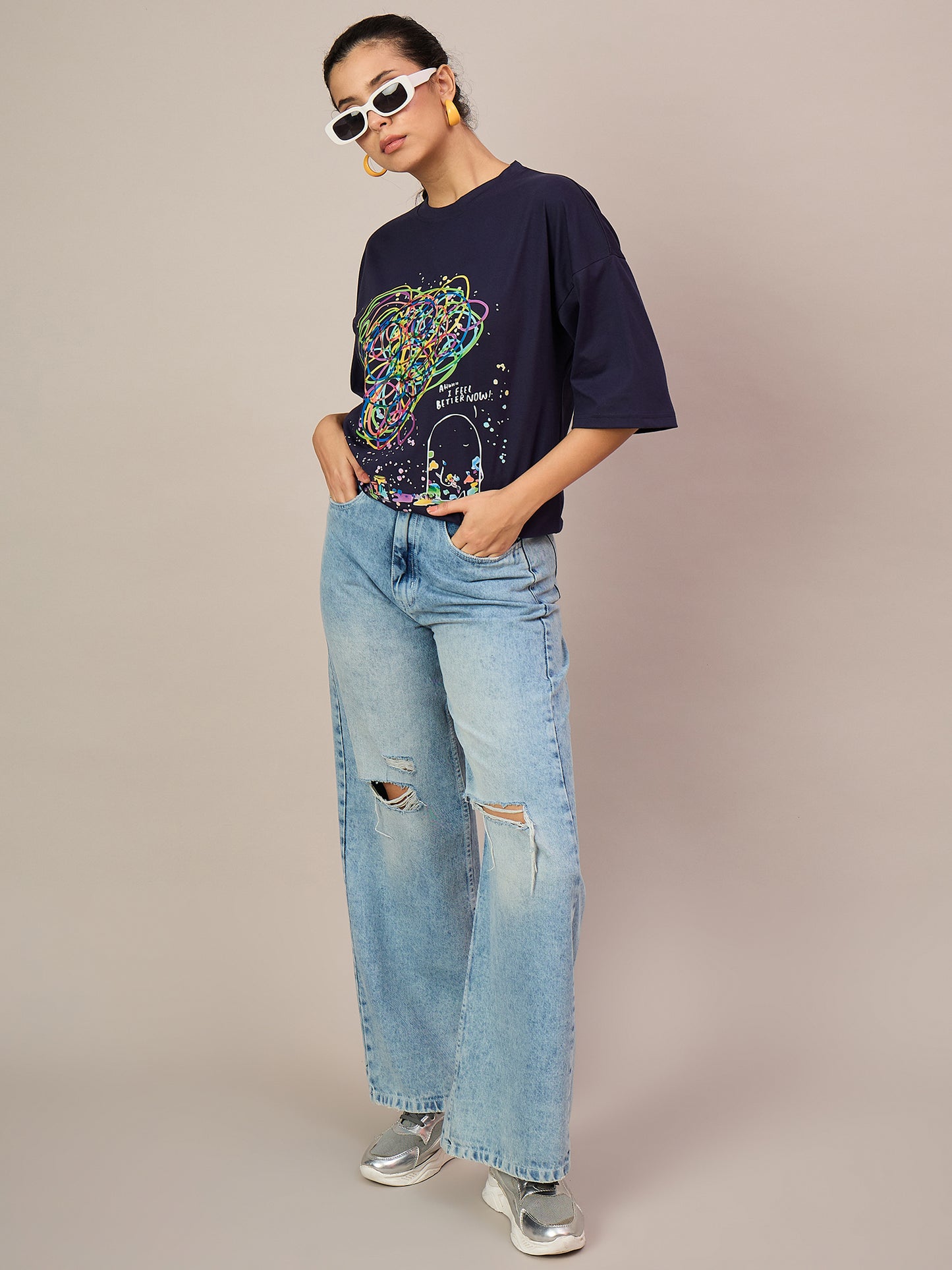 Women Dark Blue Oversized Tees