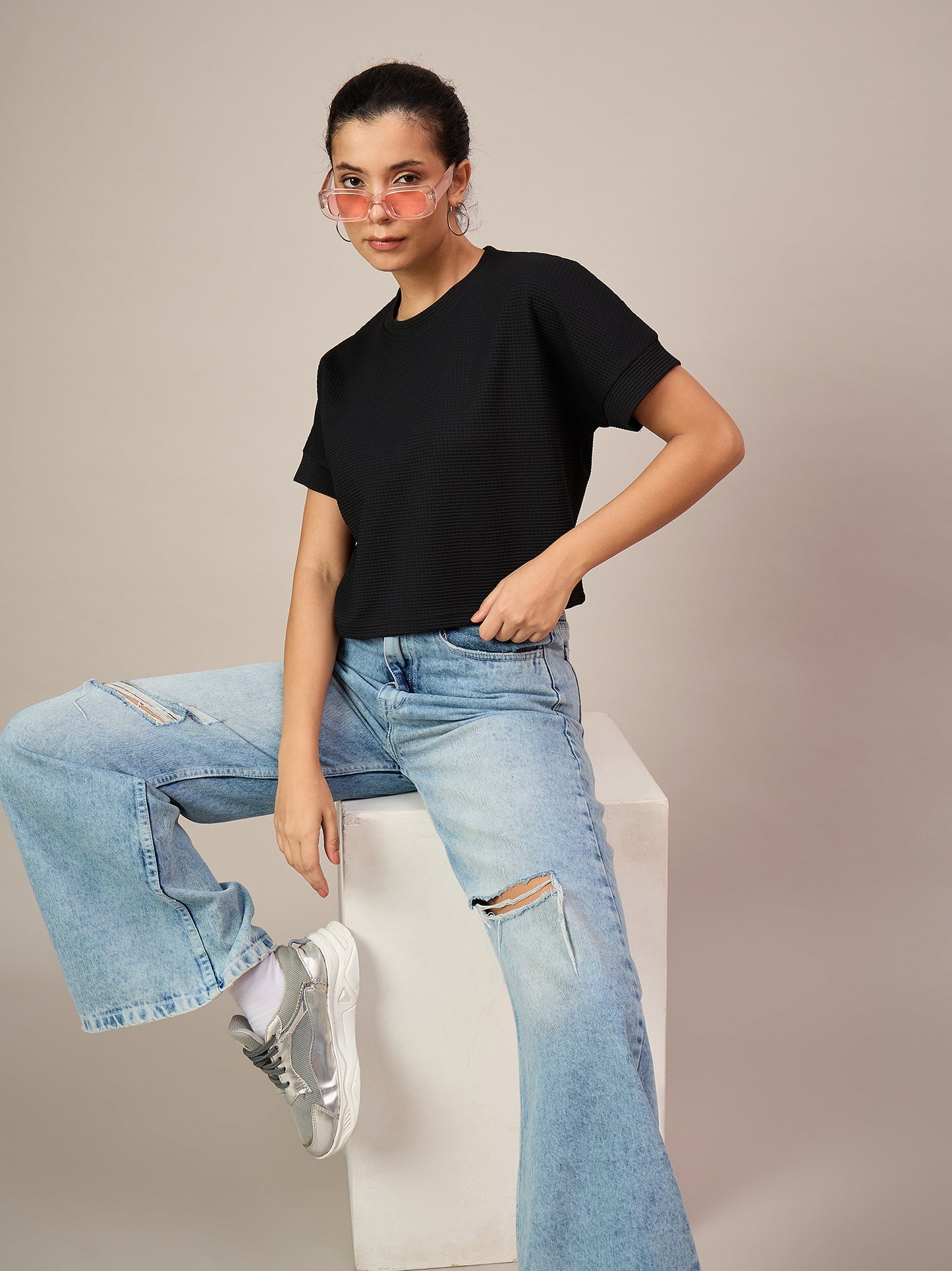 Women Black Crop T-Shirt