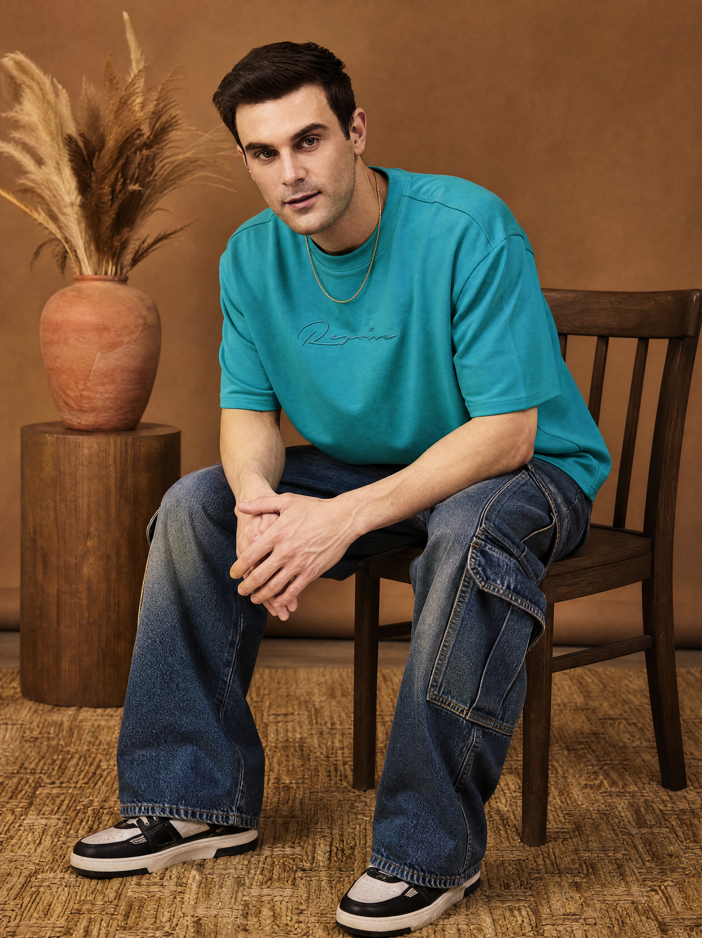 Men Oversize Printed Round Neck T-shirt Teal