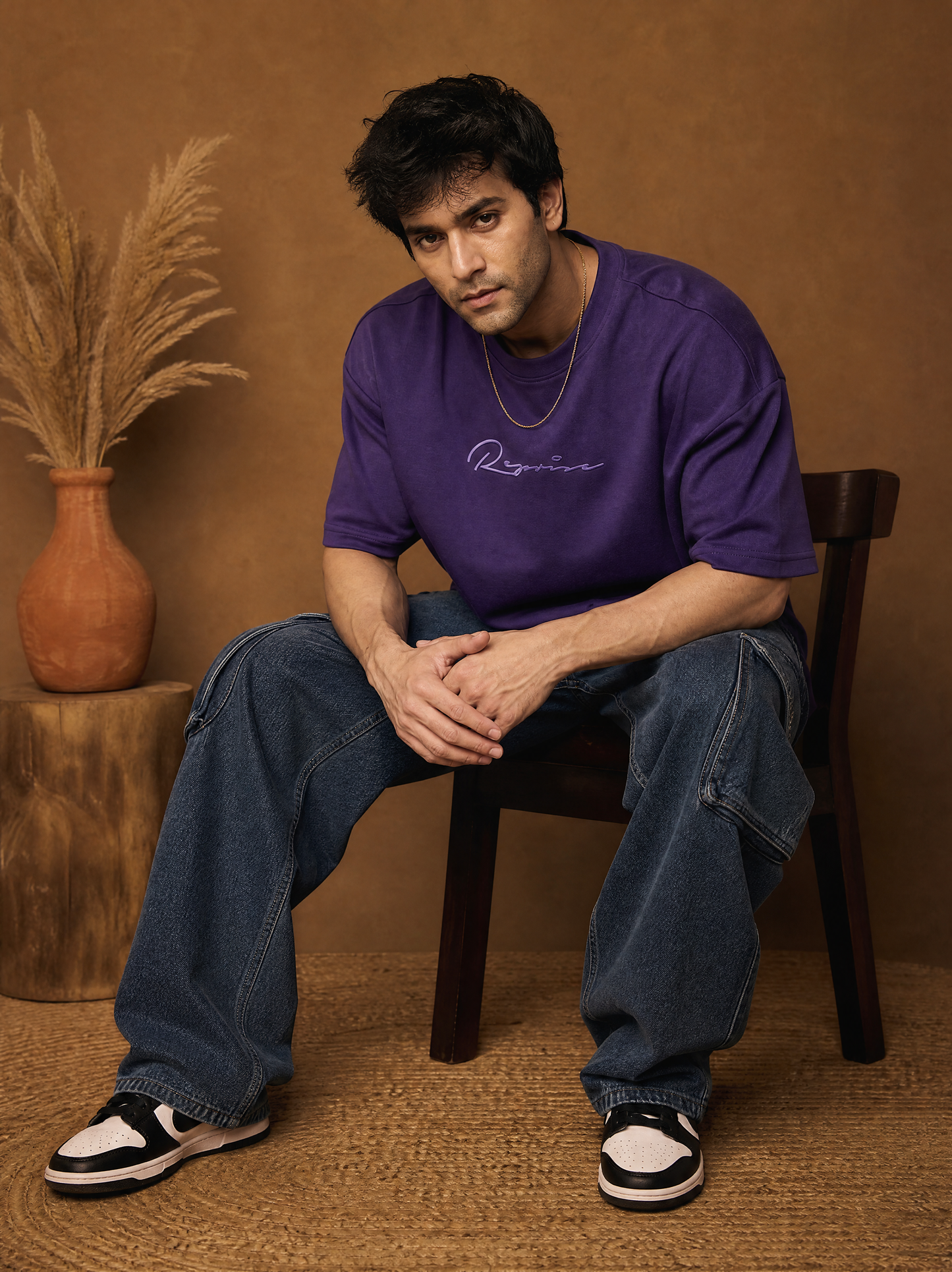 Men Oversize Printed Round Neck T-shirt Purple