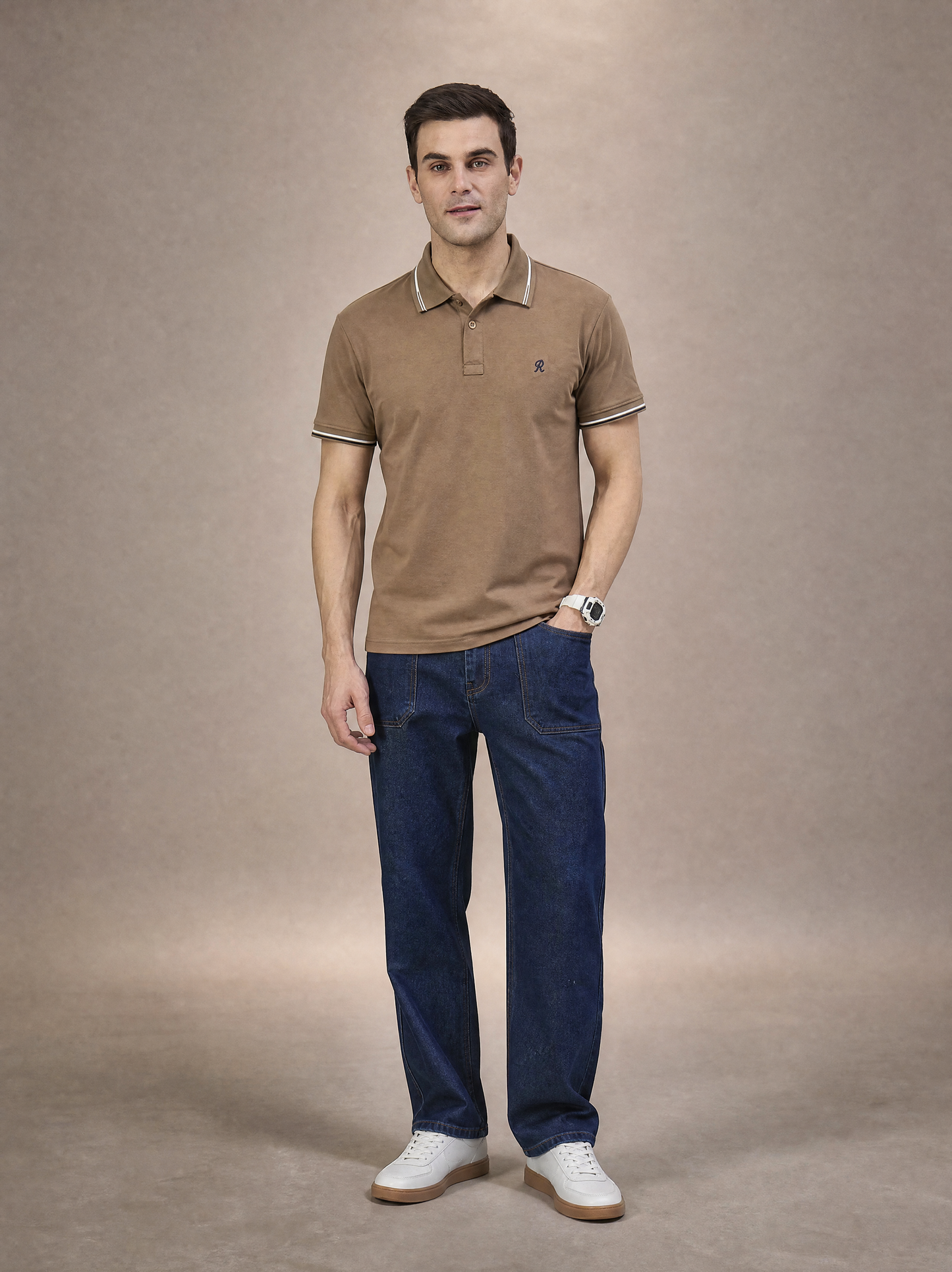 Men Stripe Light Brown Polo TShirt