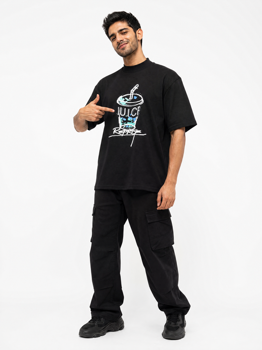 Men Oversized Printed Round Neck Drop shoulder T-shirt Black - Reprise