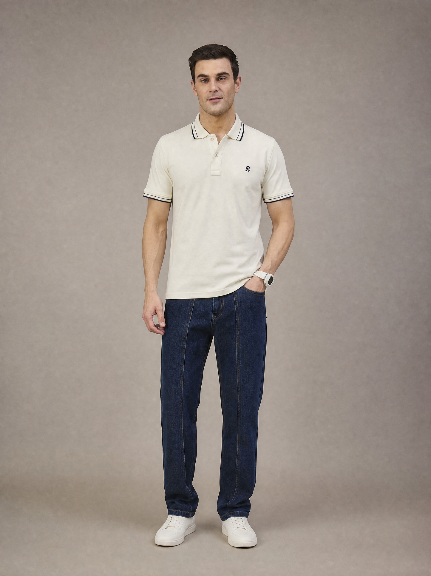 Men Stripe Cream Polo TShirt