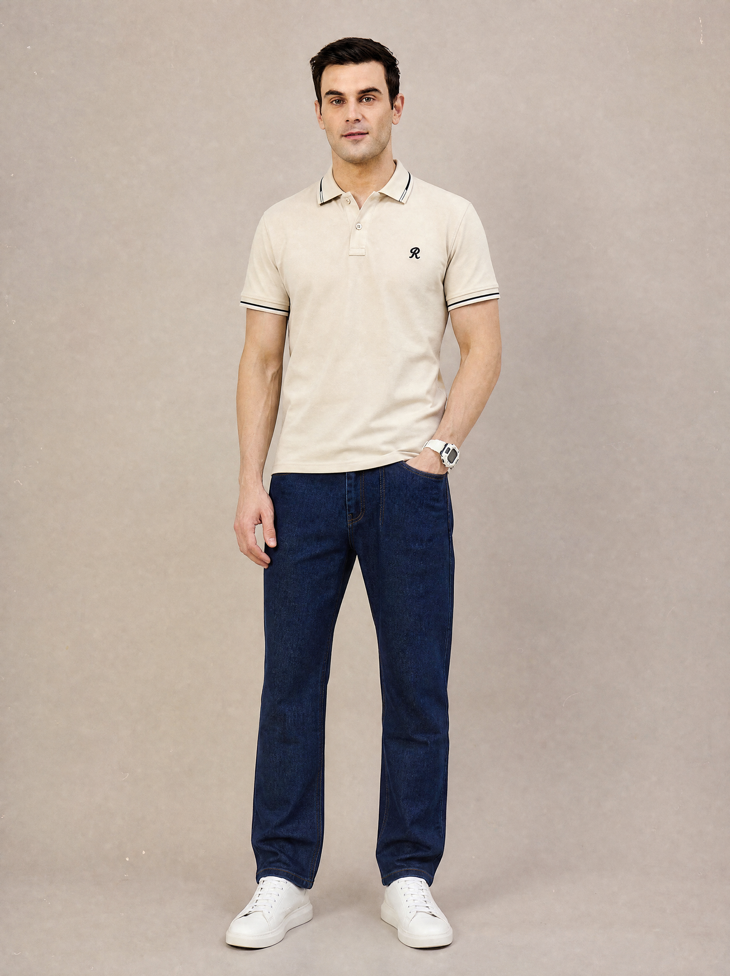 Men Stripe Beige Polo TShirt