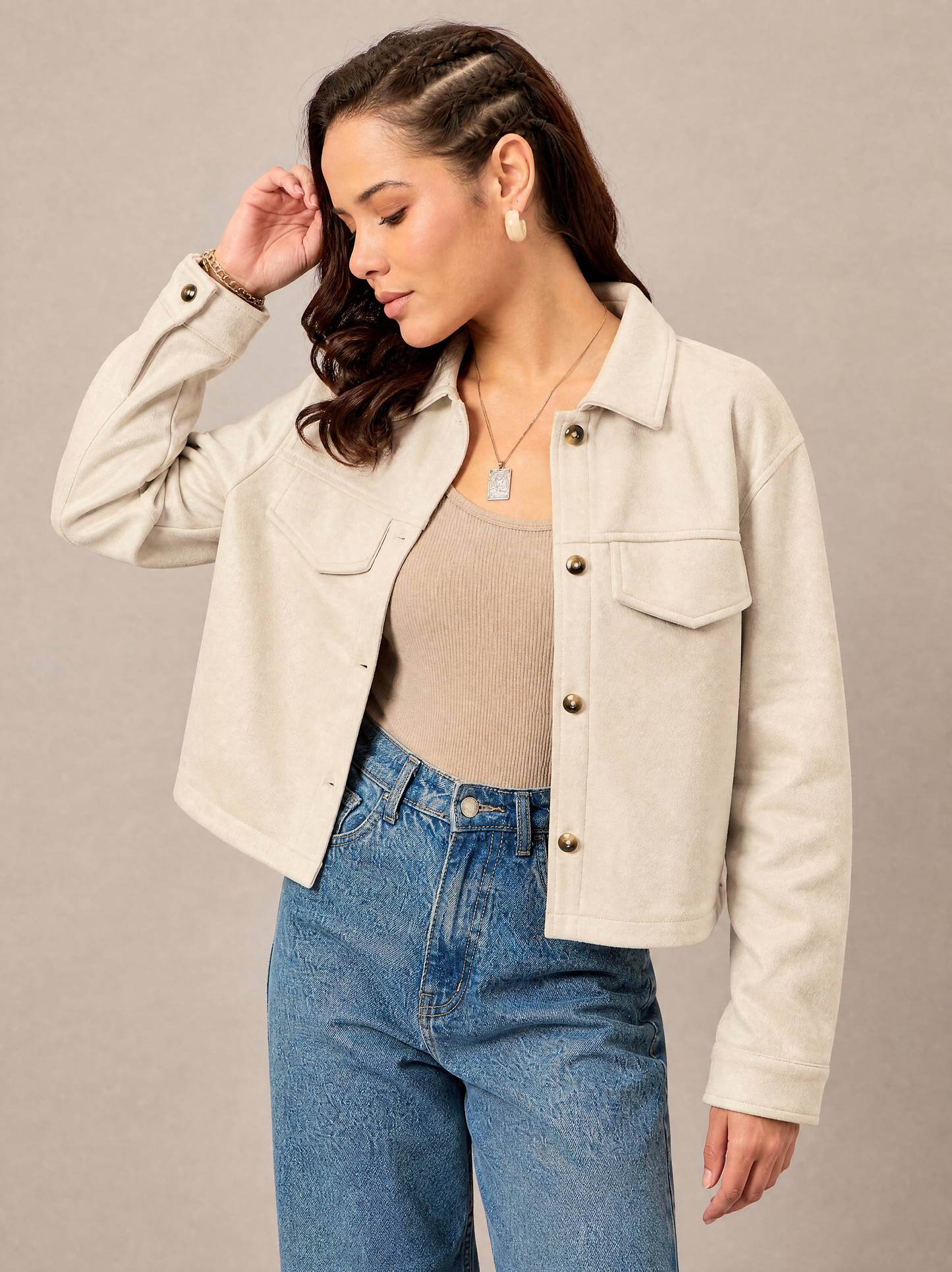 Women Plain Jacket Cream