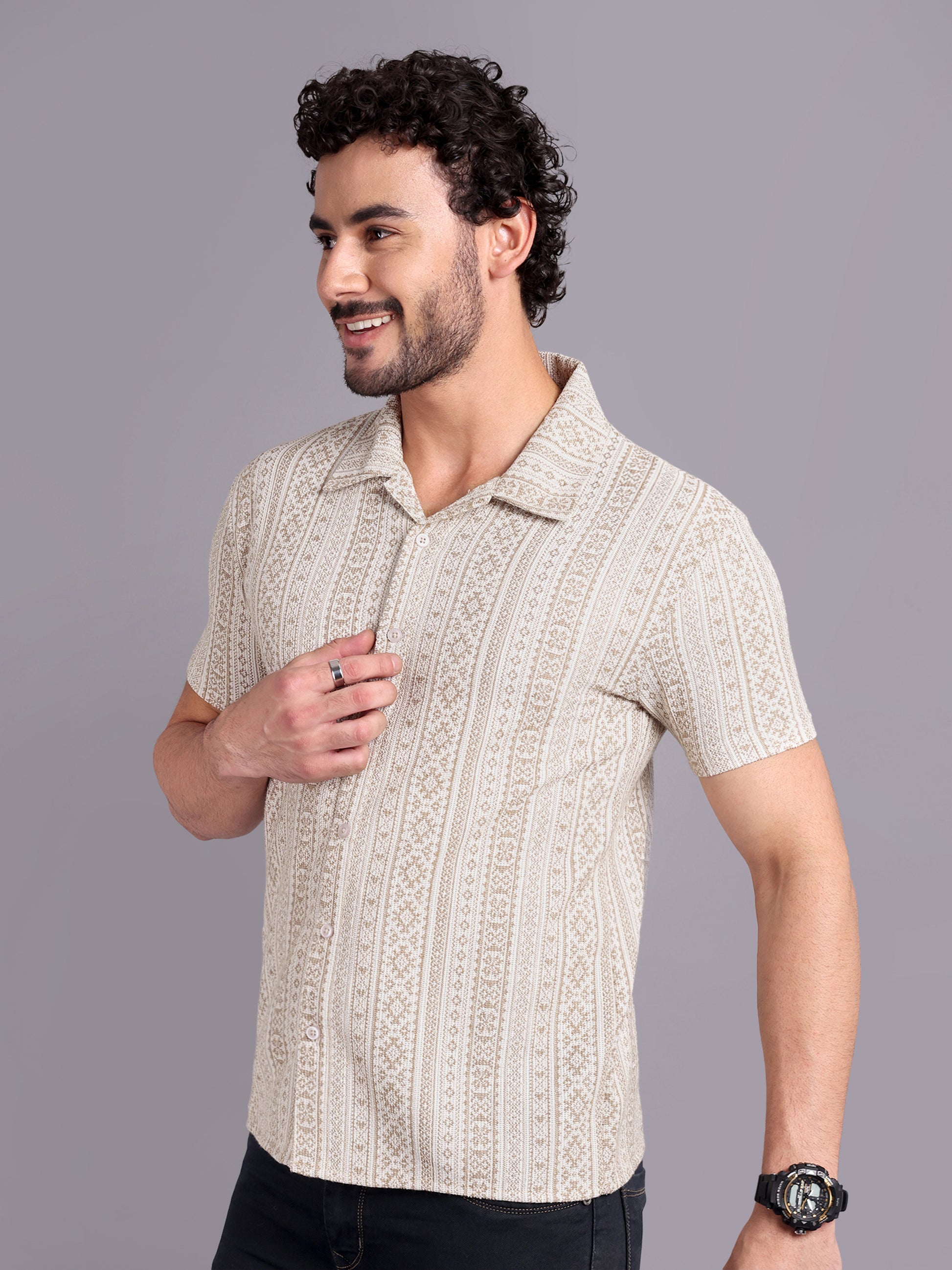 Men Regular Fit Spread Collar Textured Shirt Beige - Reprise