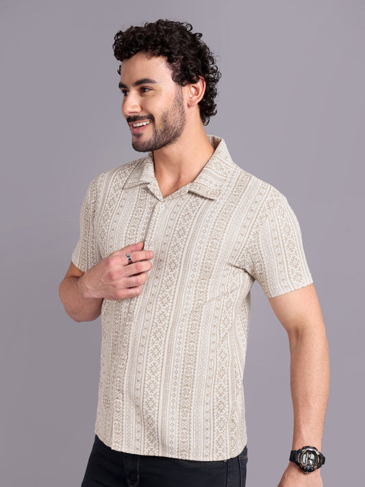 Men Regular Fit Spread Collar Textured Shirt Beige - Reprise