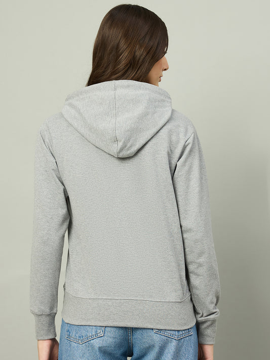 Grey Women Solid Regular Fit Front Half Zipper Hoodie