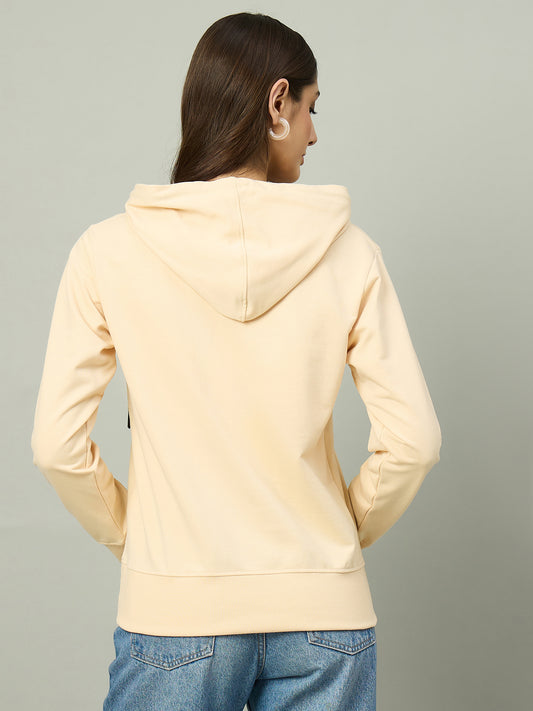 Beige Women Solid Regular Fit Front Half Zipper Hoodie