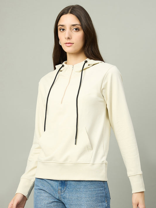 Off White Women Solid Regular Fit Front Half Zipper Hoodie