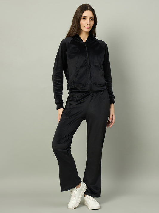 Black Women Velour Front Zipper Hoodie Coord Set