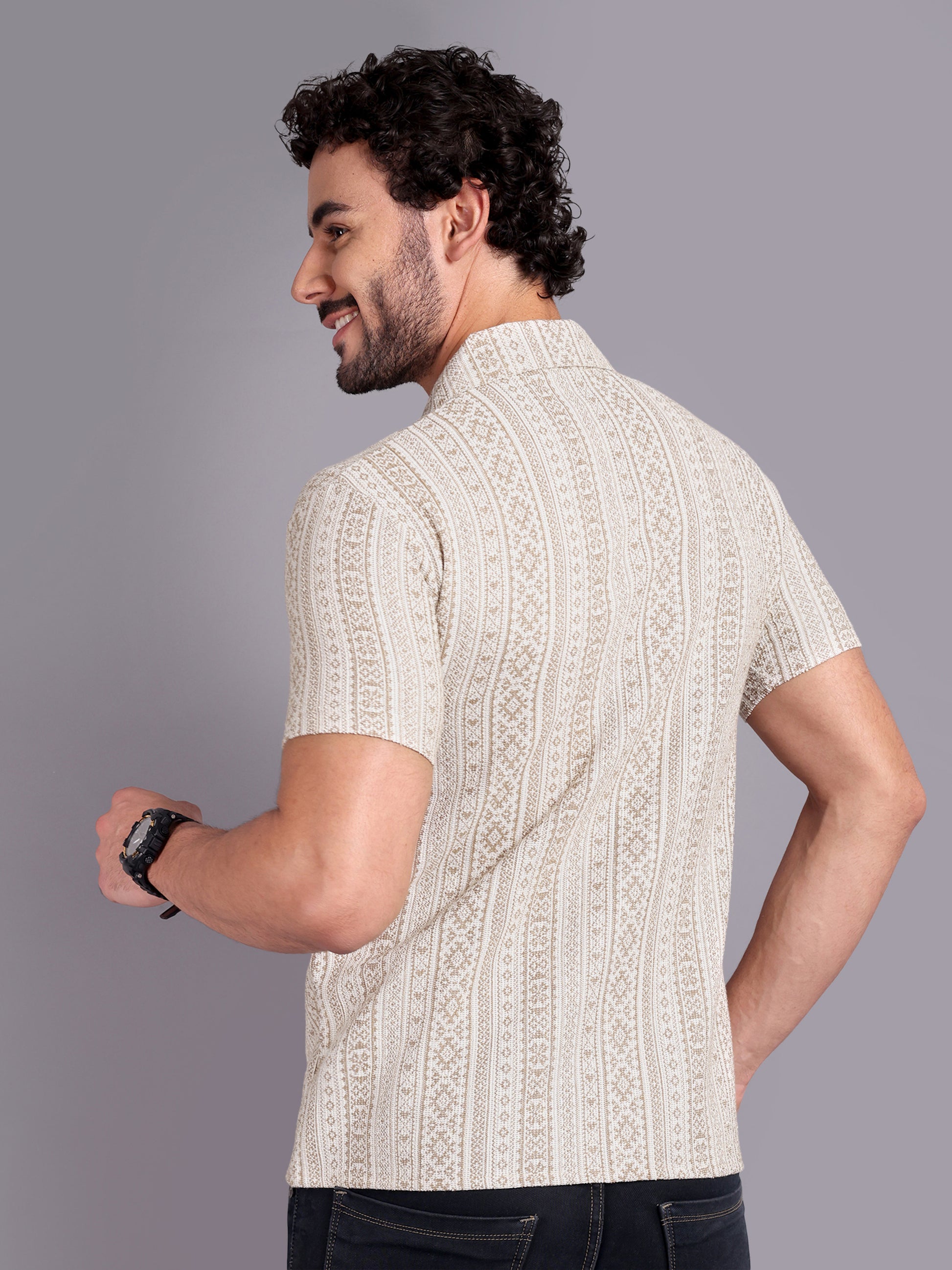 Men Regular Fit Spread Collar Textured Shirt Beige - Reprise