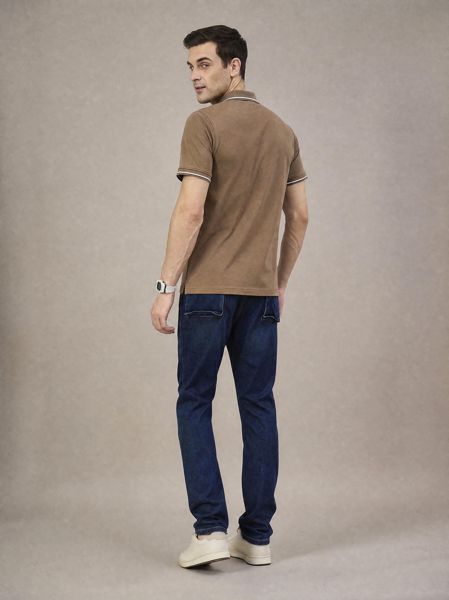 Men Stripe Light Brown Polo TShirt