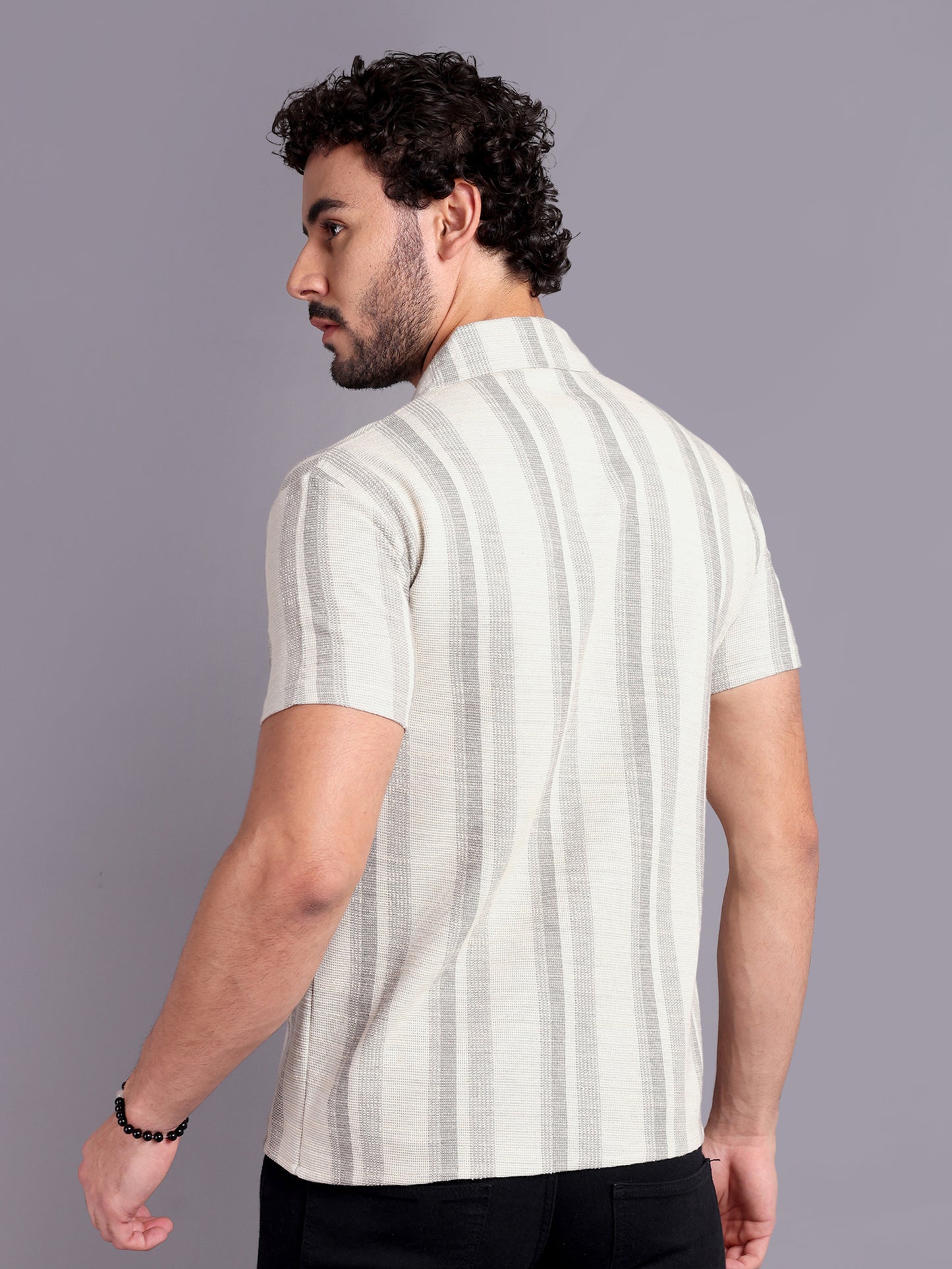 Men Regular Fit Spread Collar Textured Shirt White Grey - Reprise