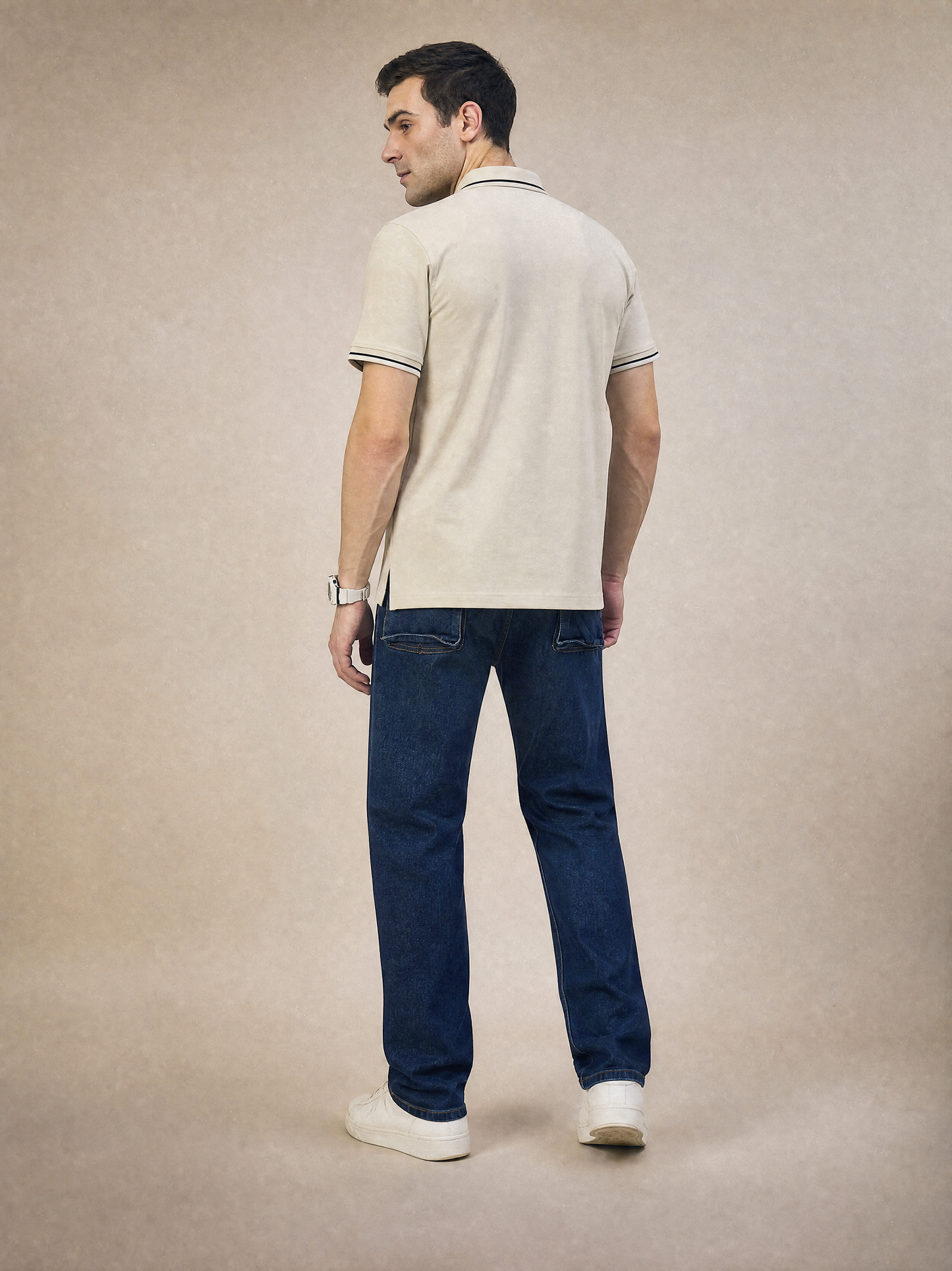 Men Stripe Beige Polo TShirt