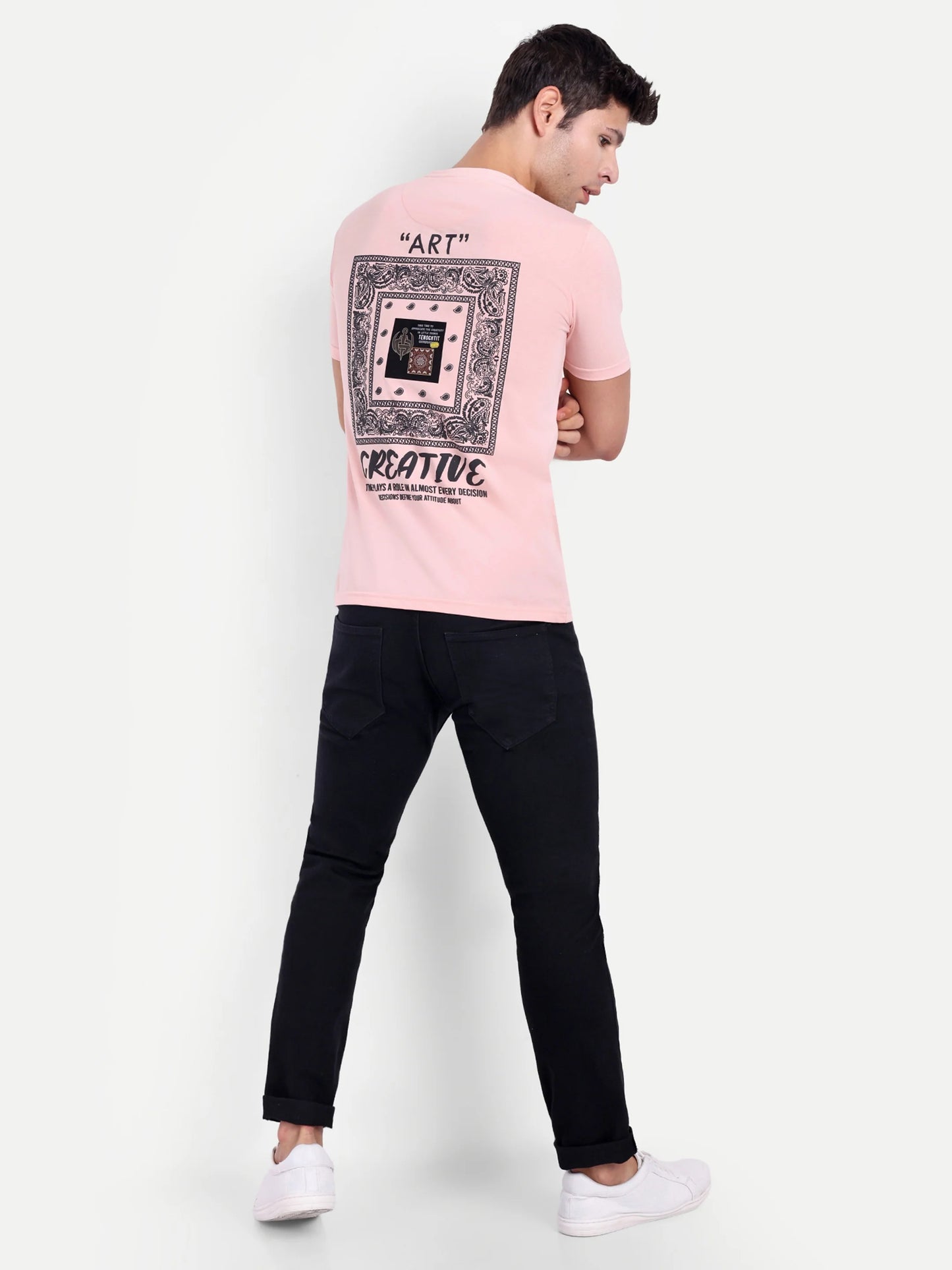 Men Printed Round Neck T-Shirt Peach
