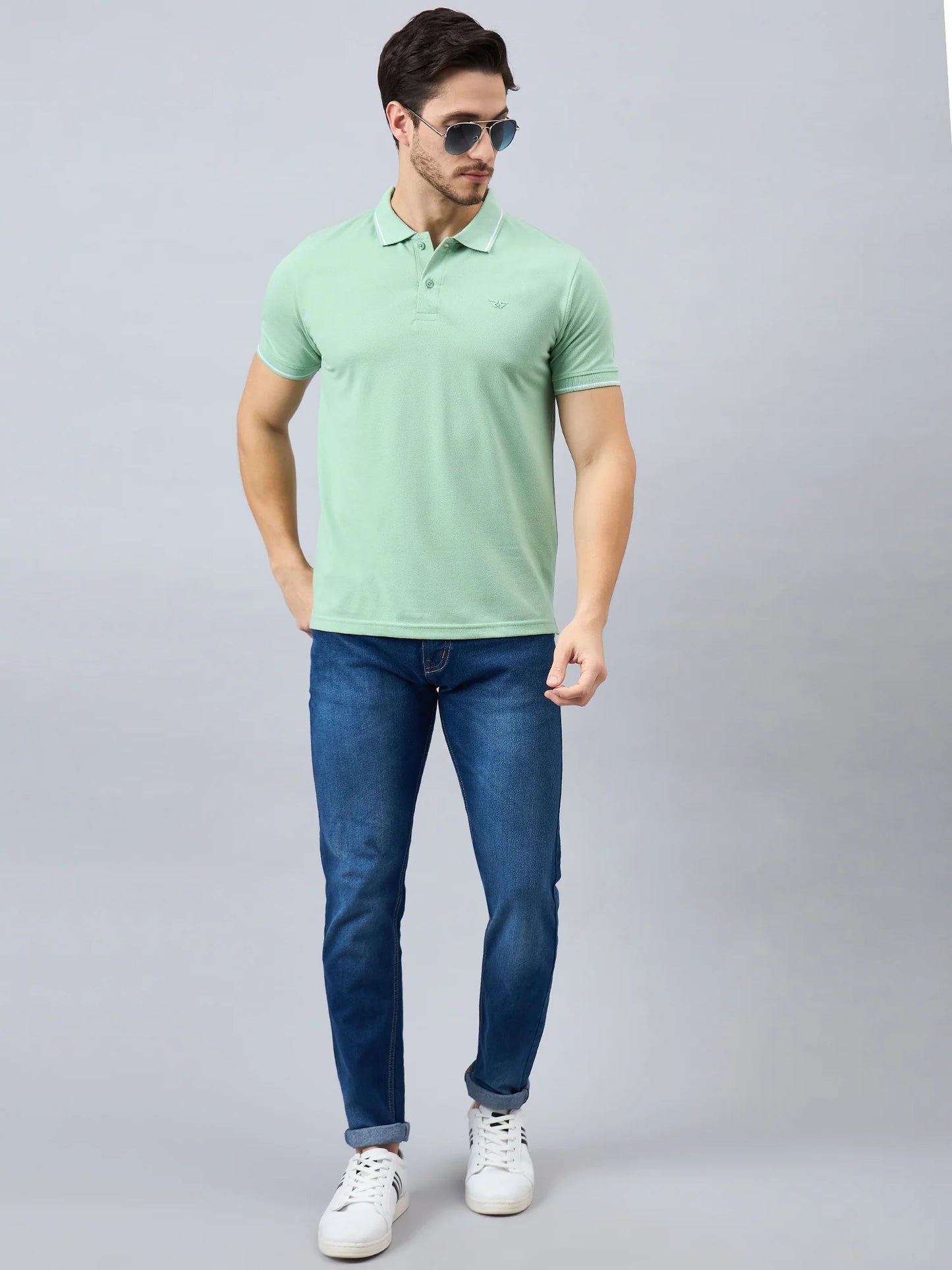 Men Solid Green Cotton Polos