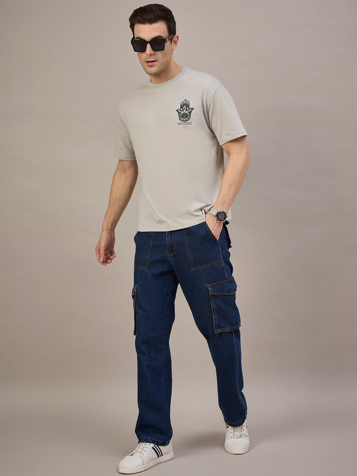 Men Oversized Round Neck Drop Shoulder T-shirt Beige
