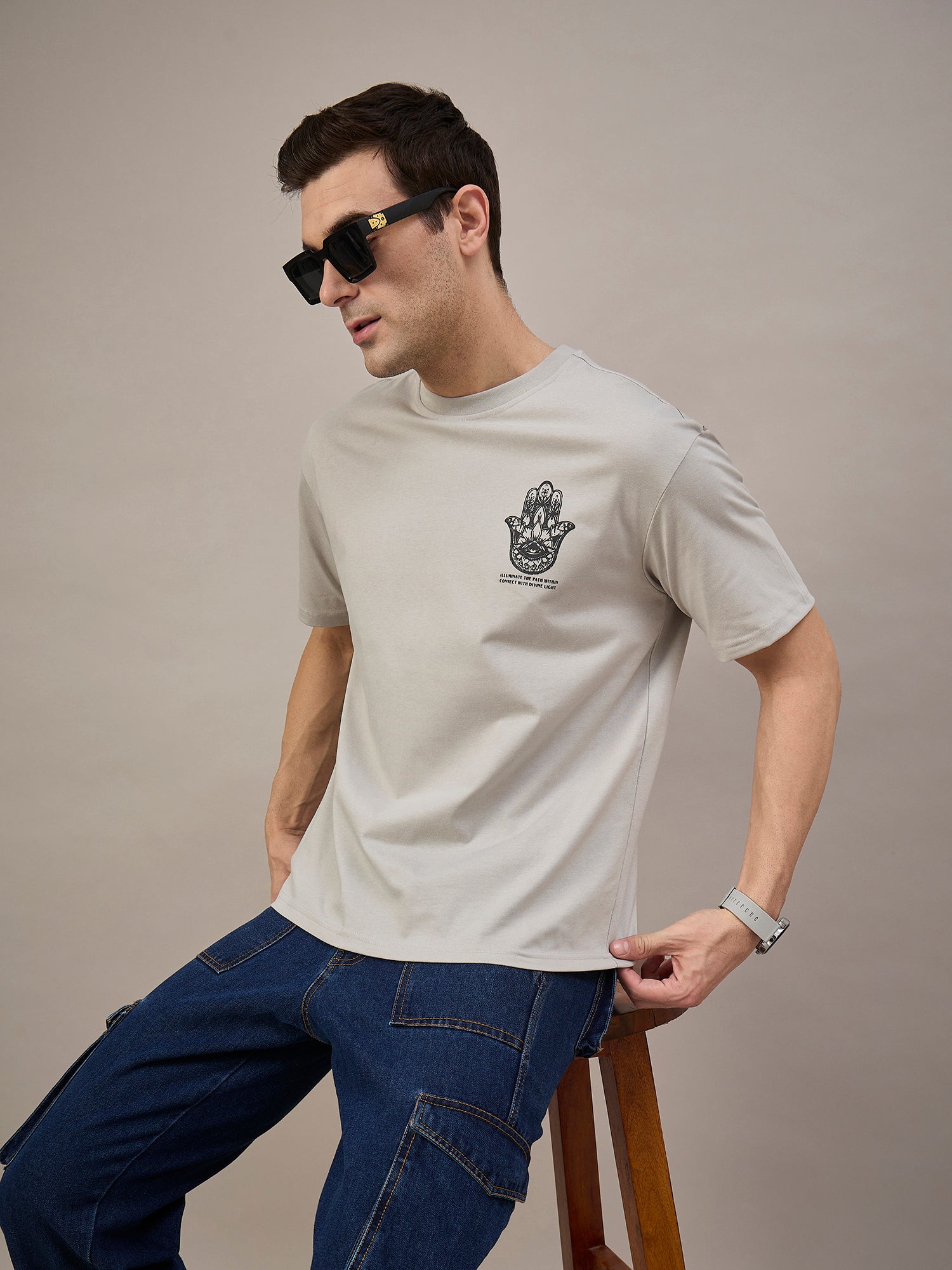 Men Oversized Round Neck Drop Shoulder T-shirt Beige