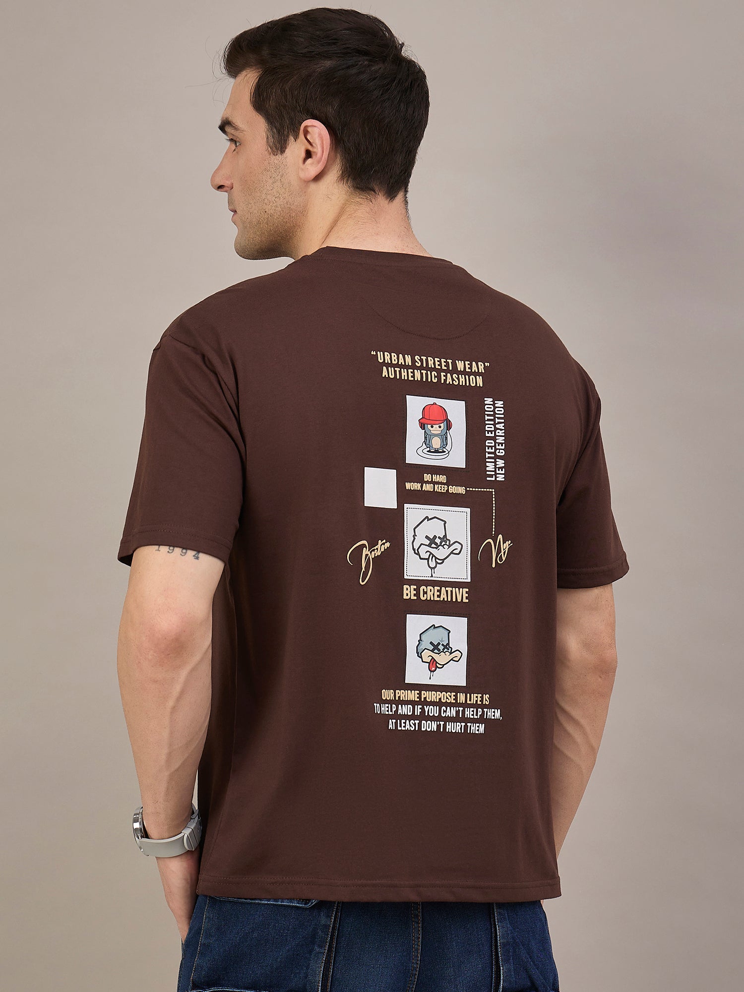Men Oversized Round Neck Drop Shoulder T-shirt Brown