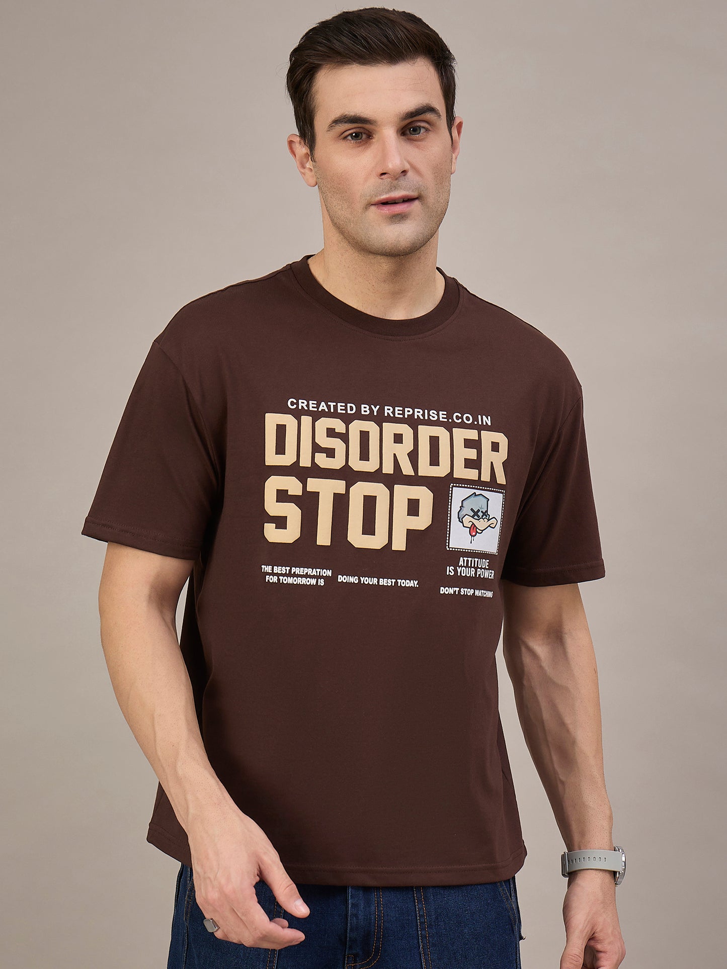 Men Oversized Round Neck Drop Shoulder T-shirt Brown