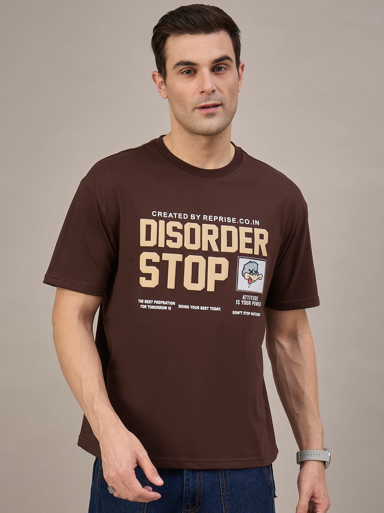 Men Oversized Round Neck Drop Shoulder T-shirt Brown