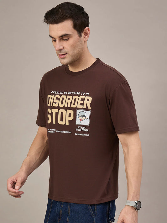 Men Printed Oversized Round Neck Drop Shoulder T-shirt Brown