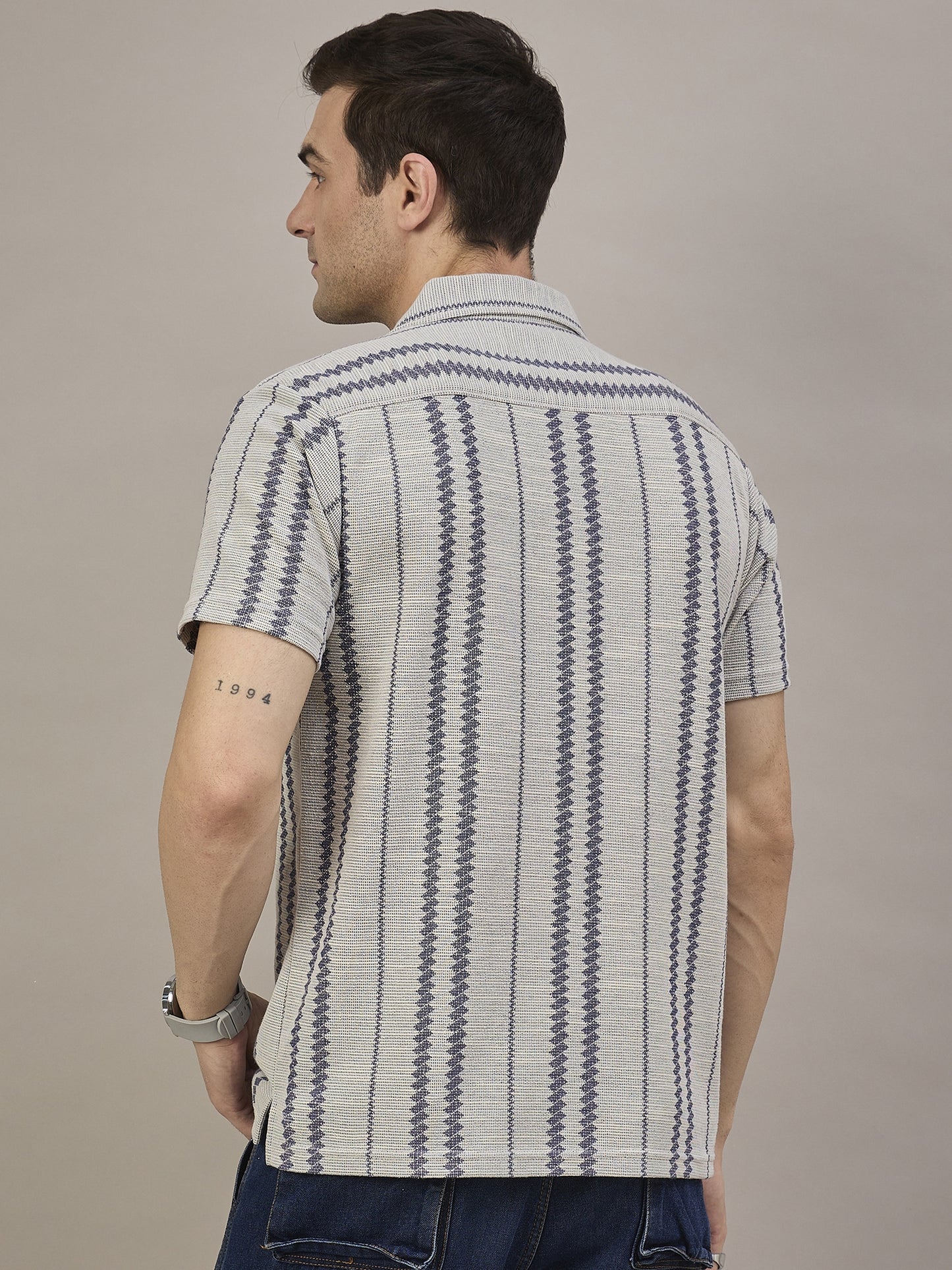 Men Striped Shirt Light Grey & Navy