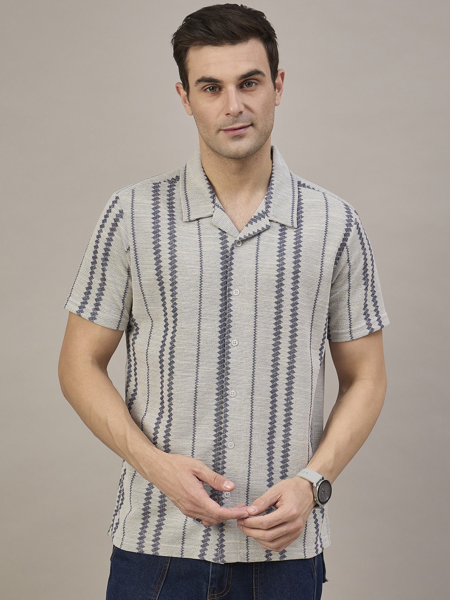 Men Striped  Shirt Light Grey & Navy