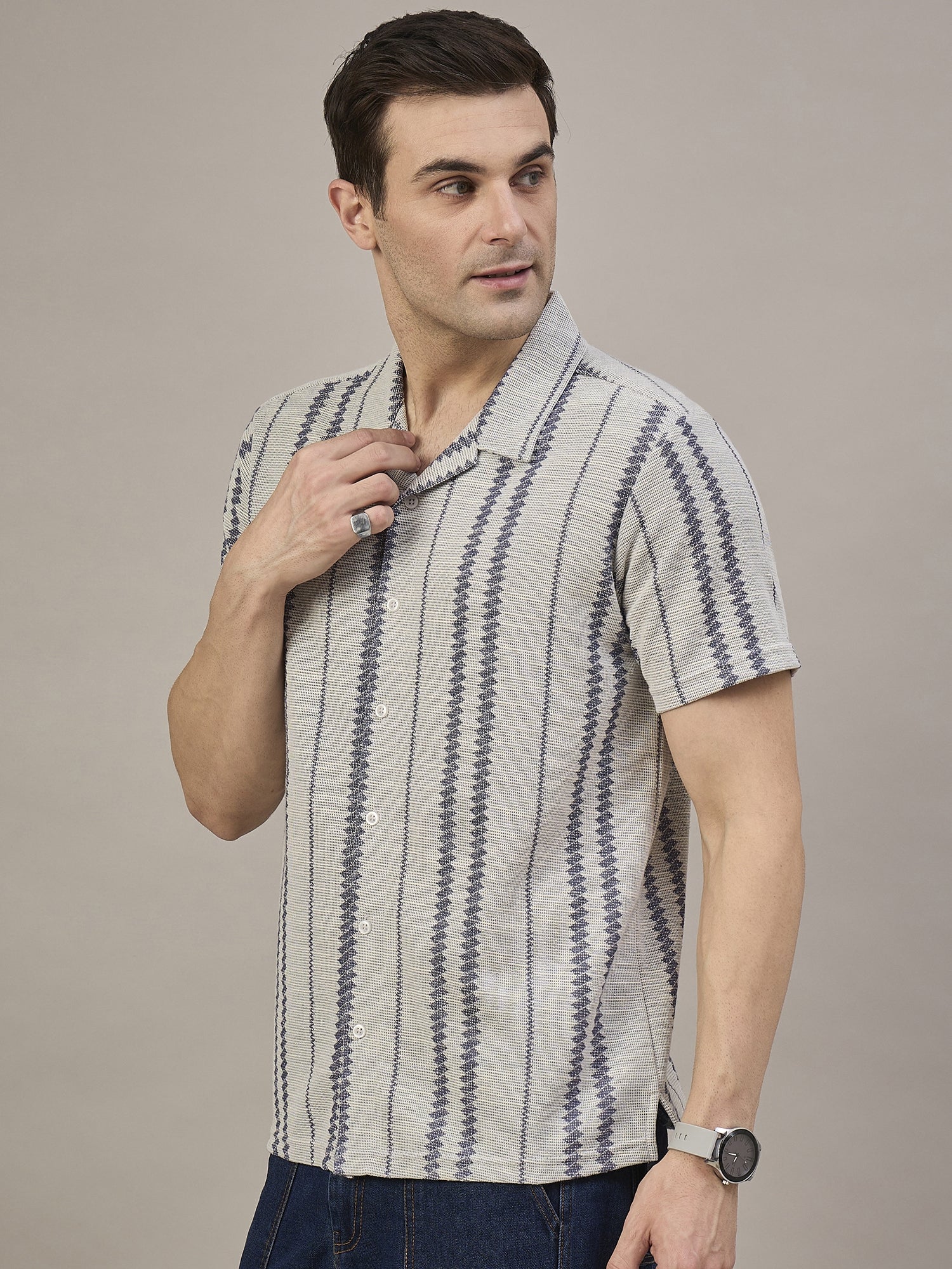 Men Striped  Shirt Light Grey & Navy