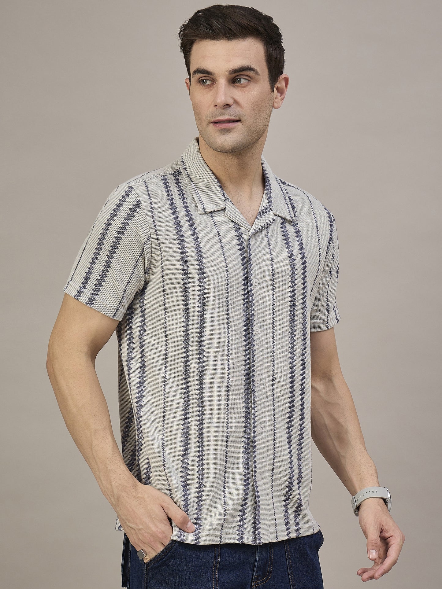 Men Striped Shirt Light Grey & Navy