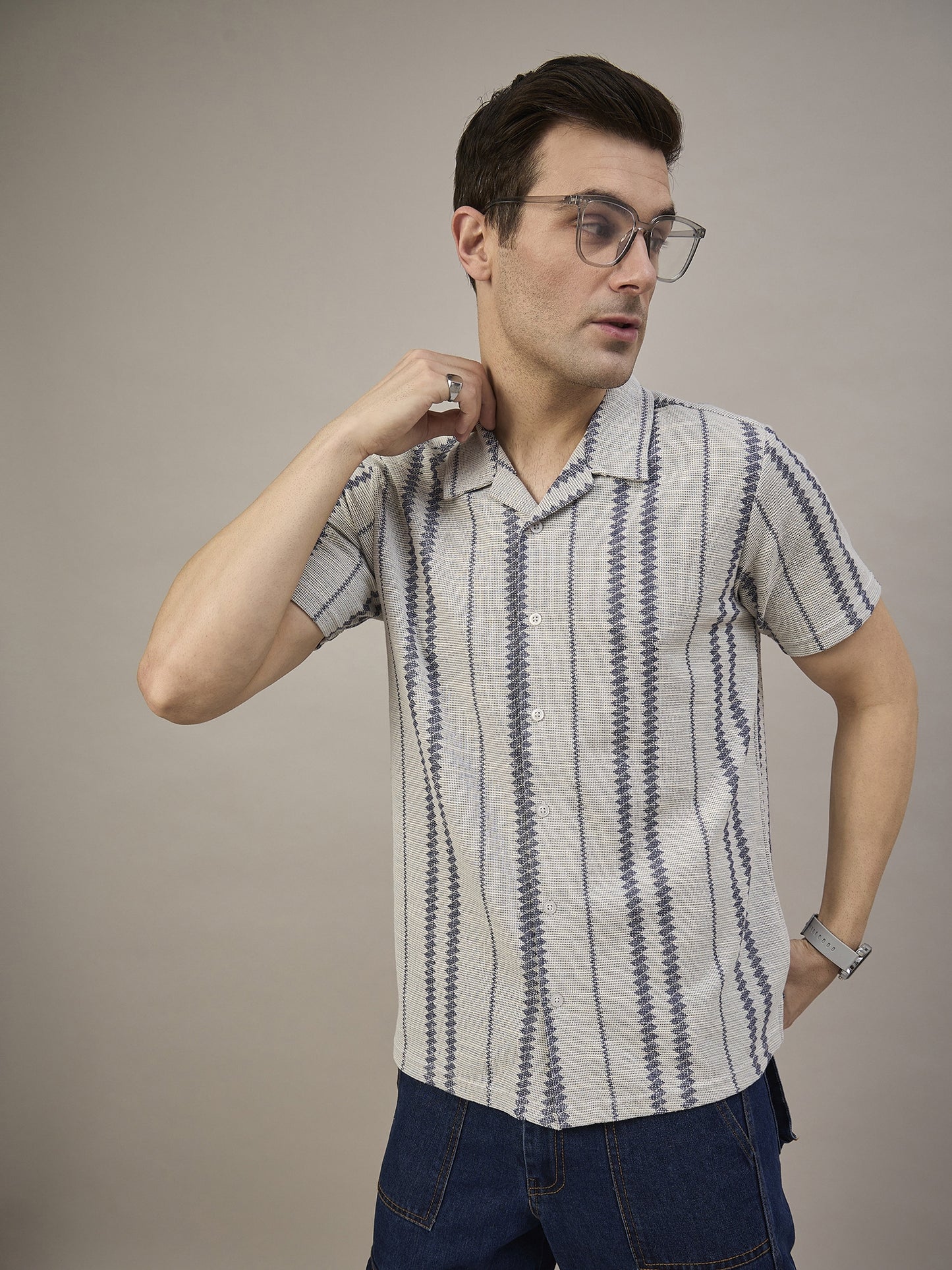 Men Striped Shirt Light Grey & Navy