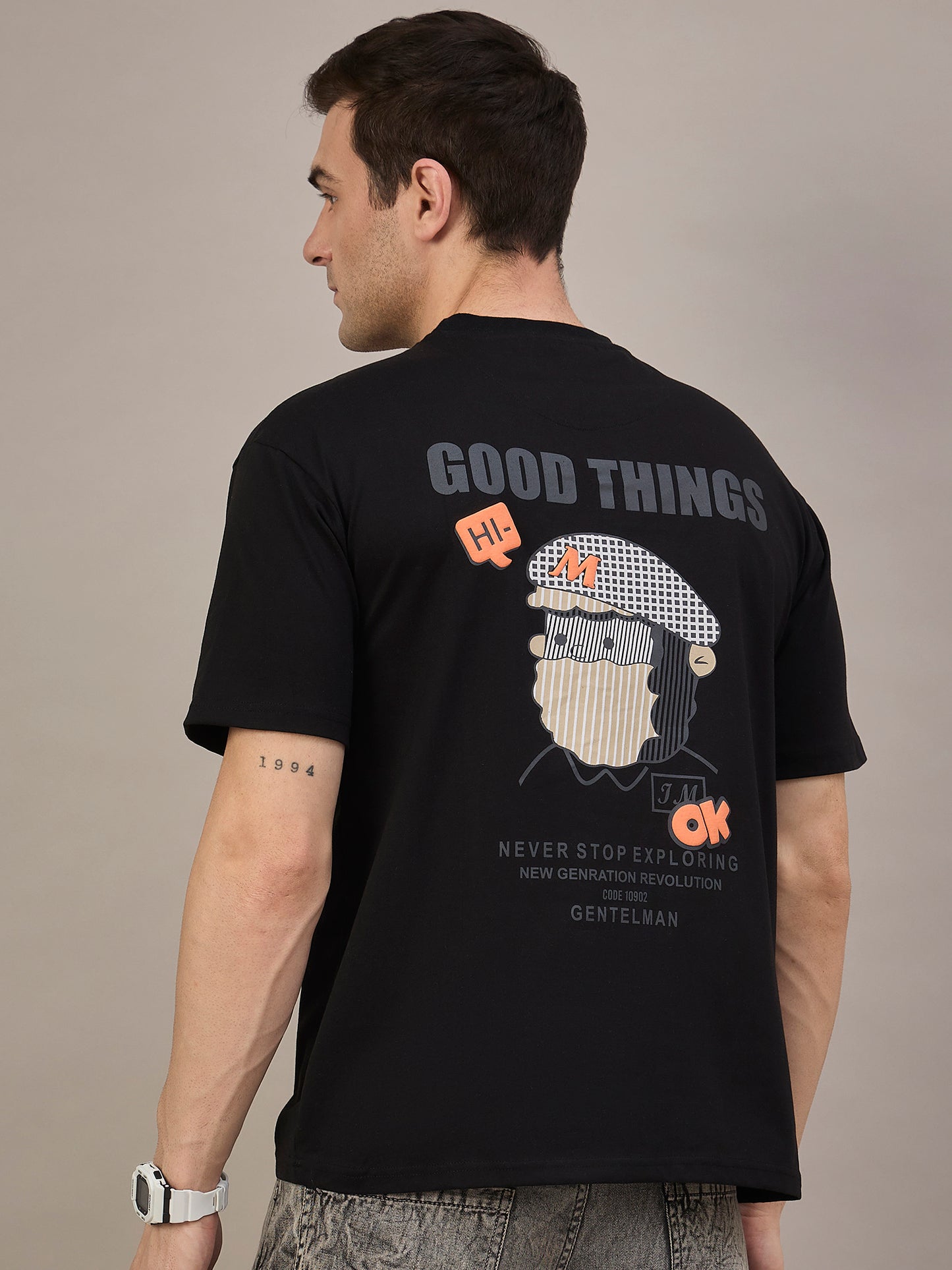 Men Printed Oversized Round Neck Drop Shoulder T-shirt Black - Reprise