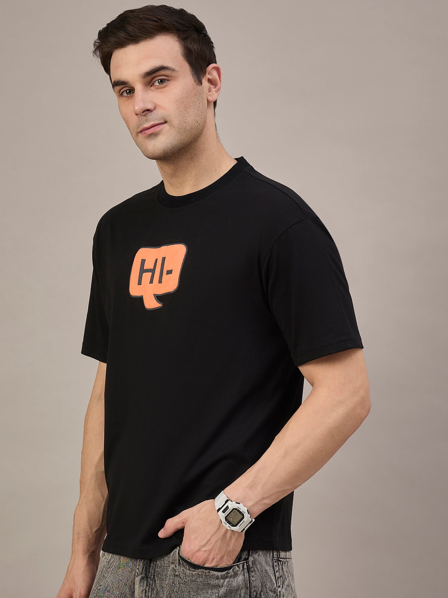 Men Printed Oversized Round Neck Drop Shoulder T-shirt Black - Reprise