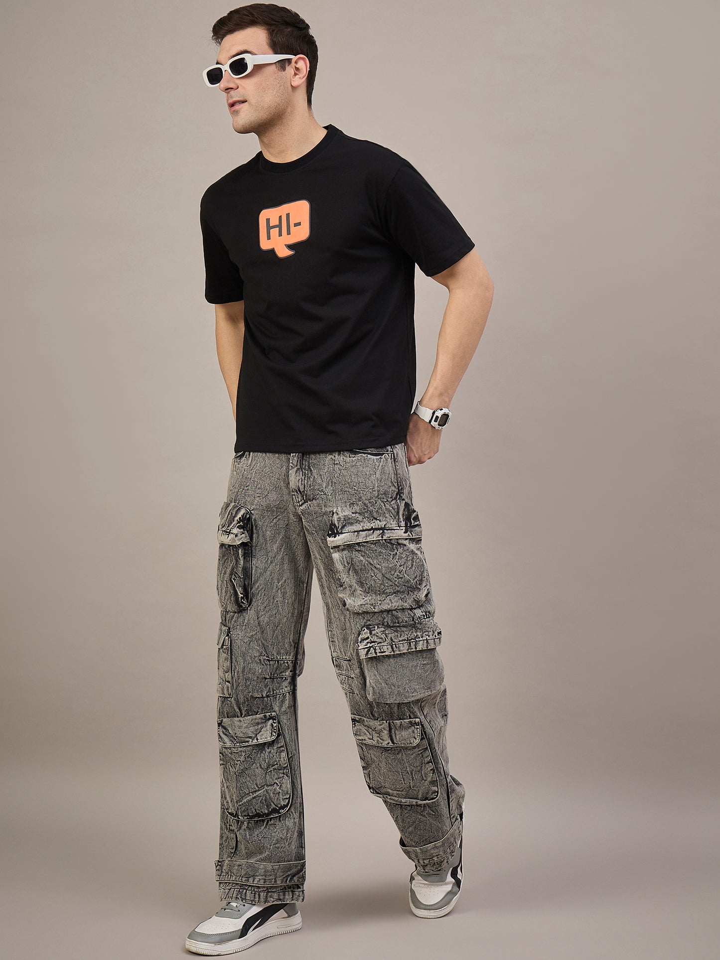 Men Printed Oversized Round Neck Drop Shoulder T-shirt Black - Reprise