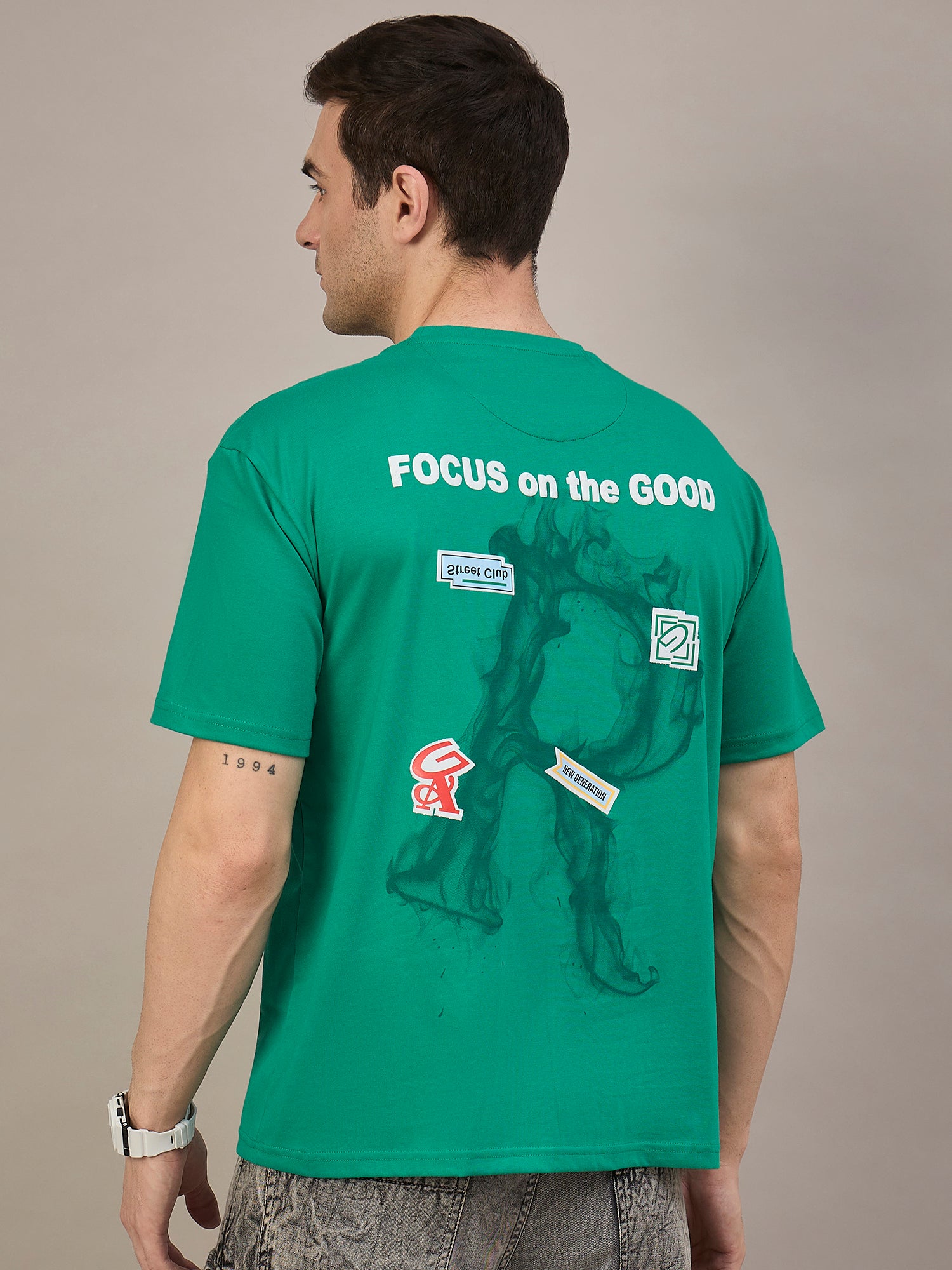 Men Oversized Round Neck Drop Shoulder T-shirt Green