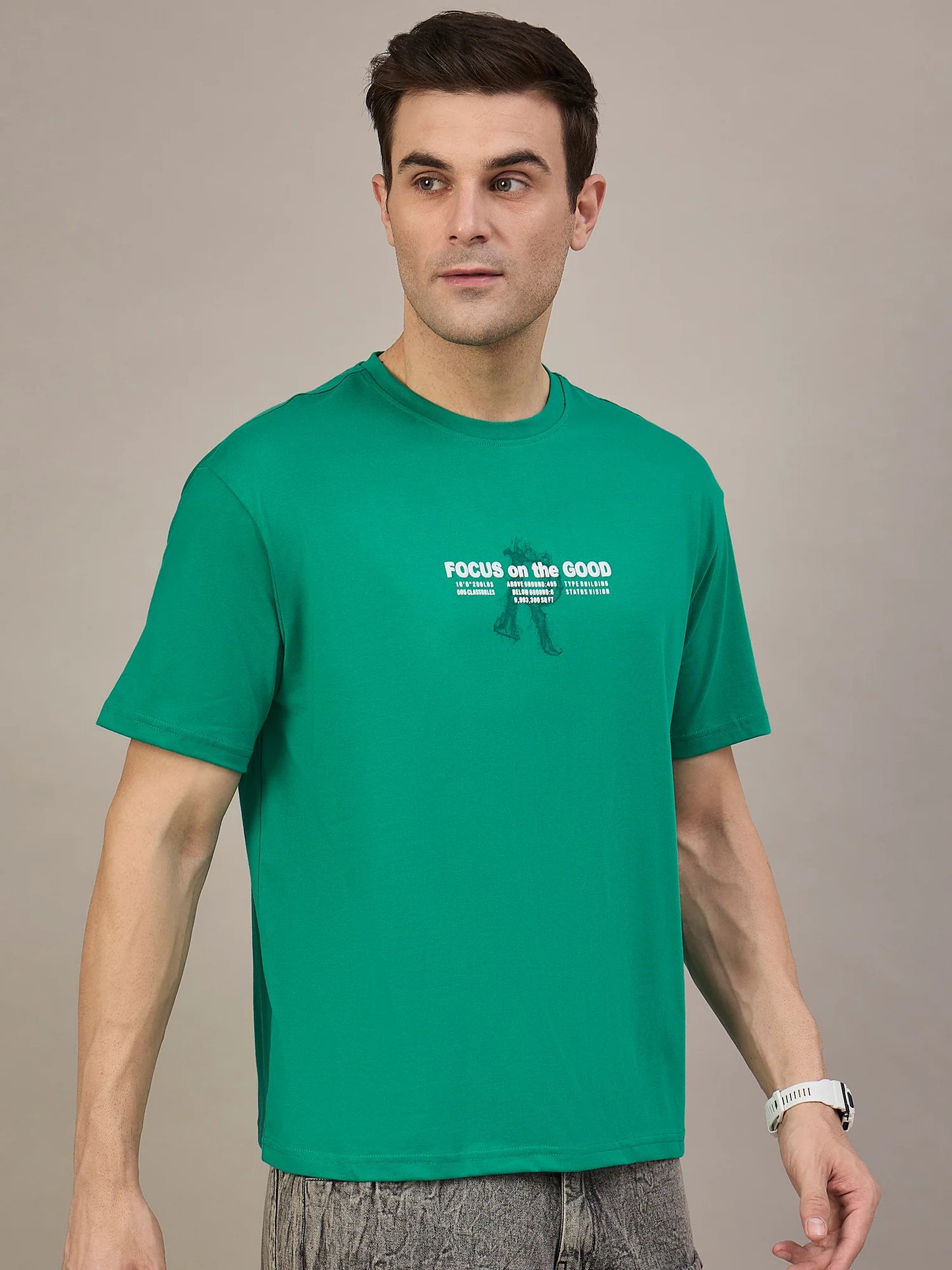 Men Printed Oversized Round Neck Drop Shoulder T-shirt Green