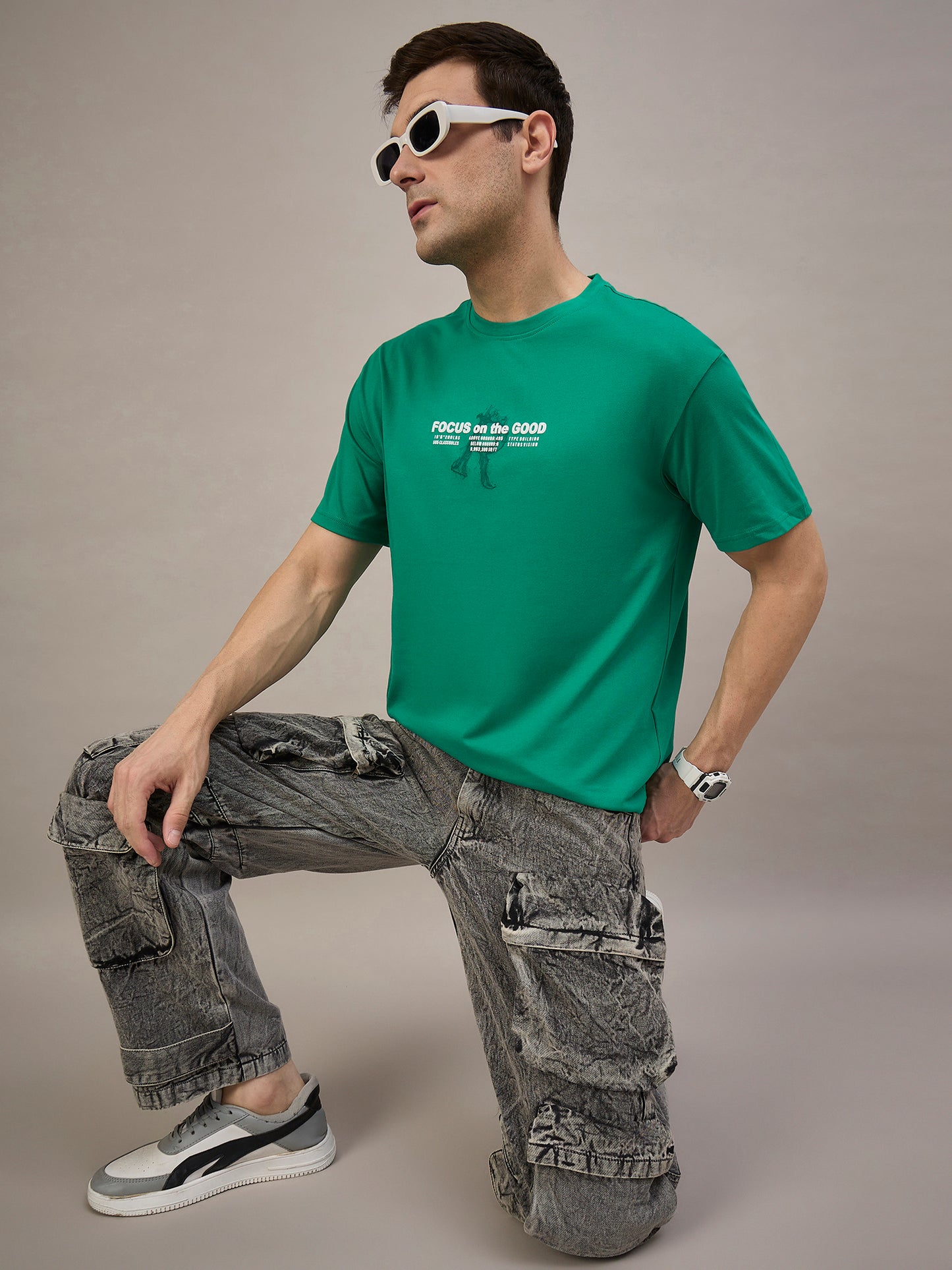 Men Oversized Round Neck Drop Shoulder T-shirt Green