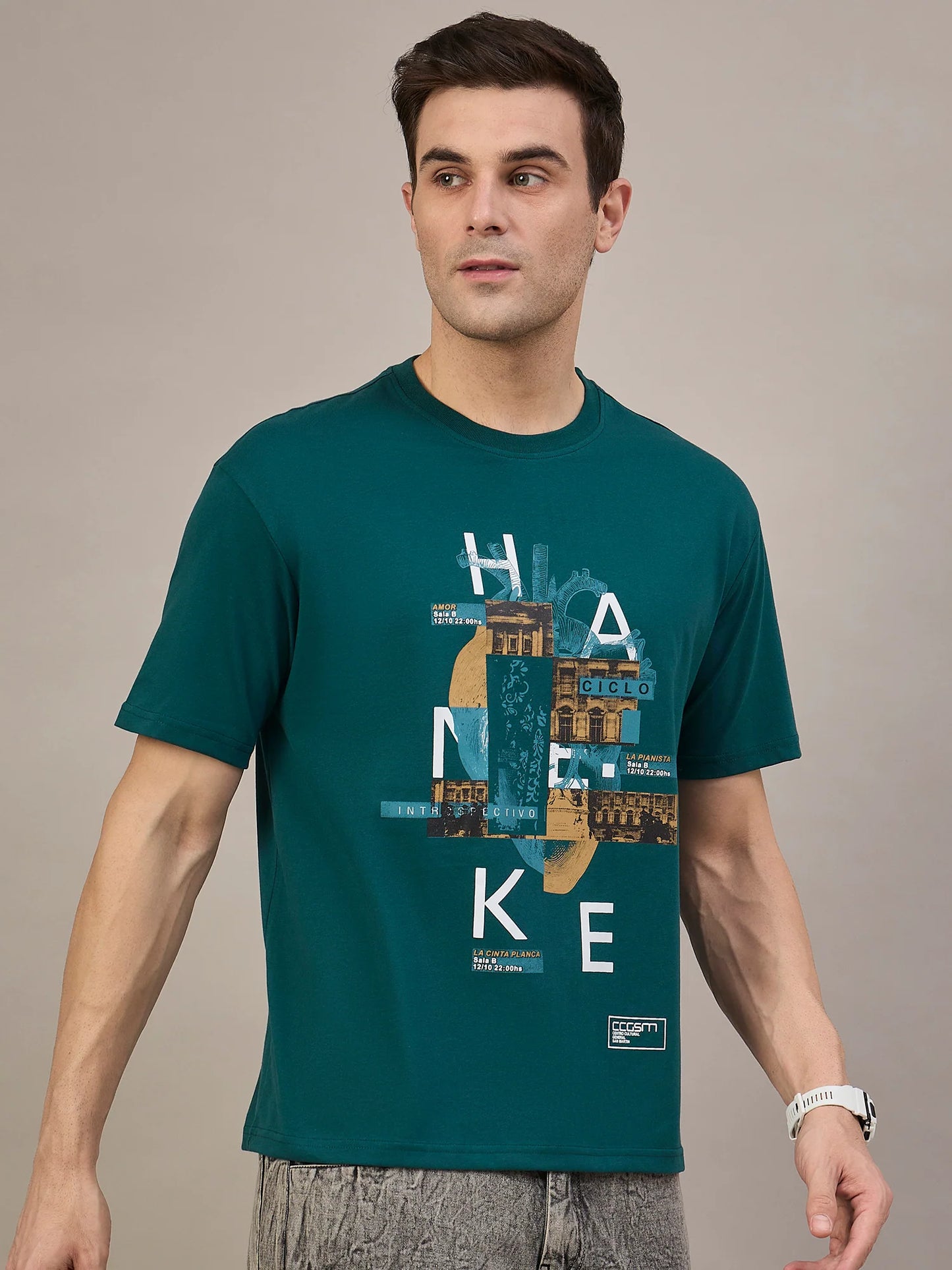 Men Printed Oversized Round Neck Drop Shoulder T-shirt Teal
