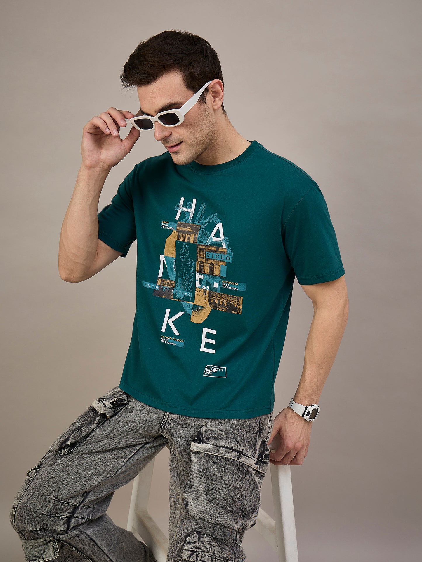 Men Oversized Round Neck Drop Shoulder T-shirt Teal