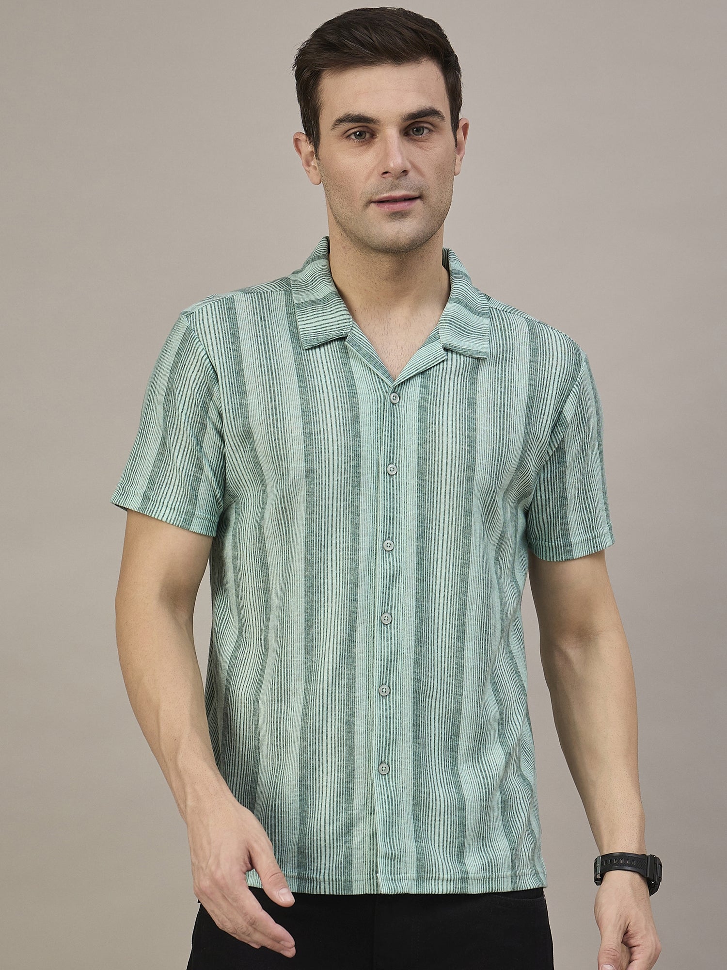 Men Striped Shirt Green