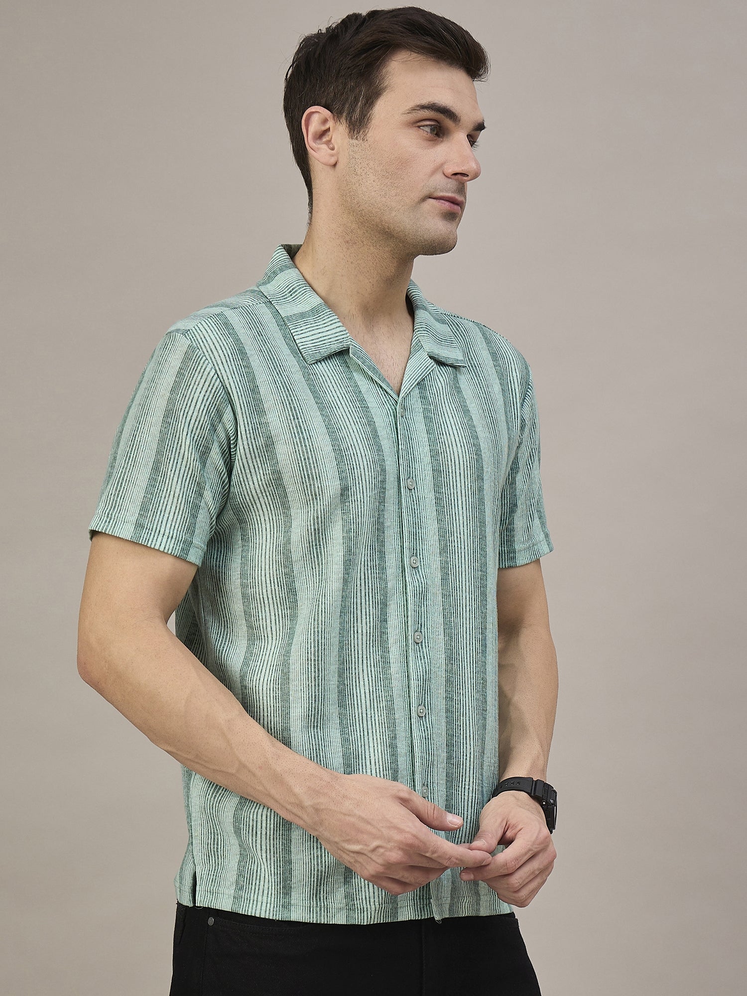 Men Striped Shirt Green