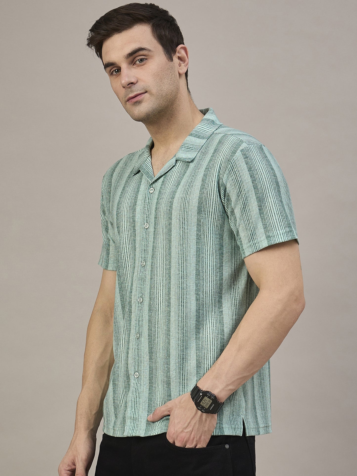 Men Striped Shirt Green