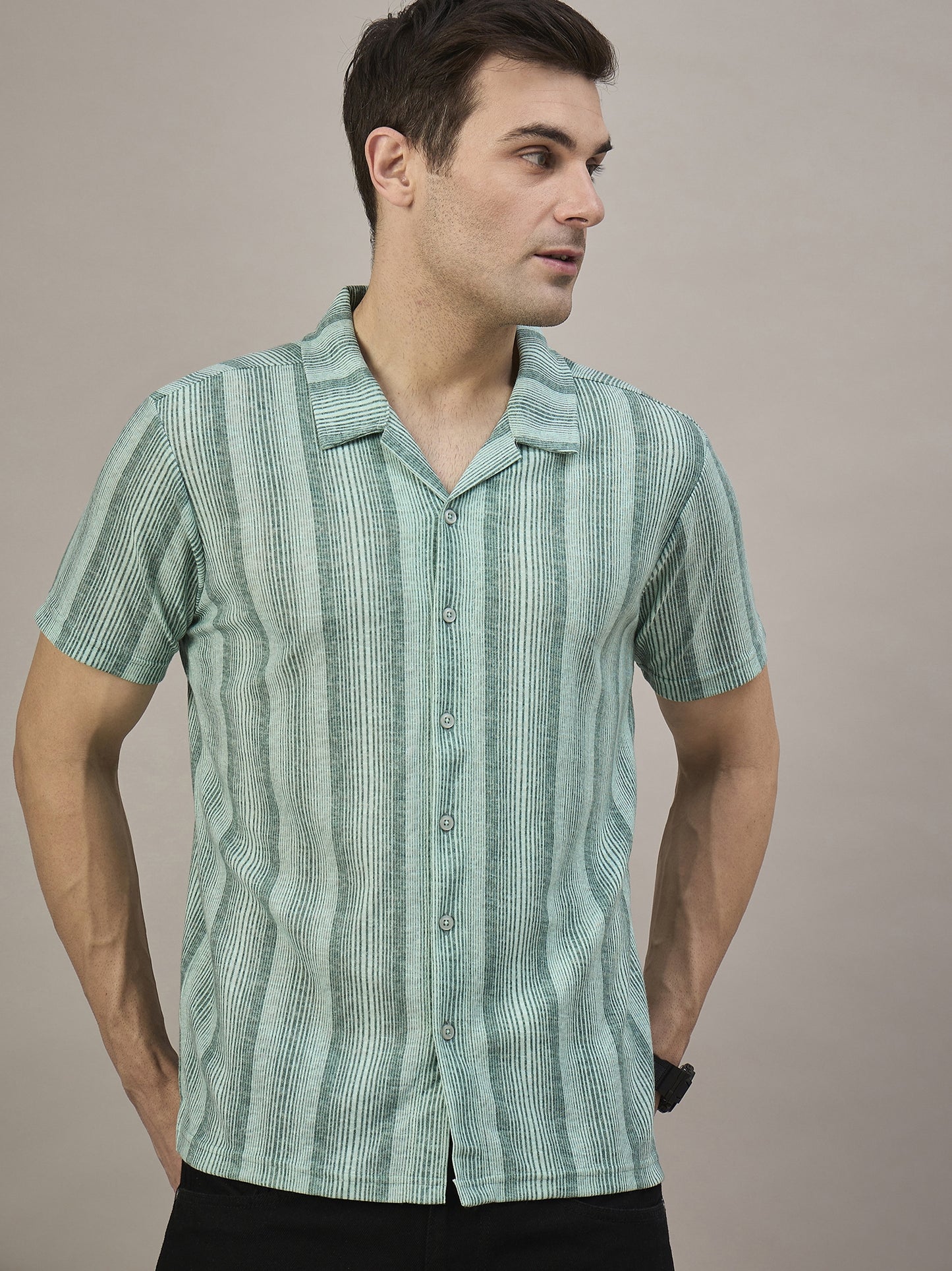 Men Striped Shirt Green