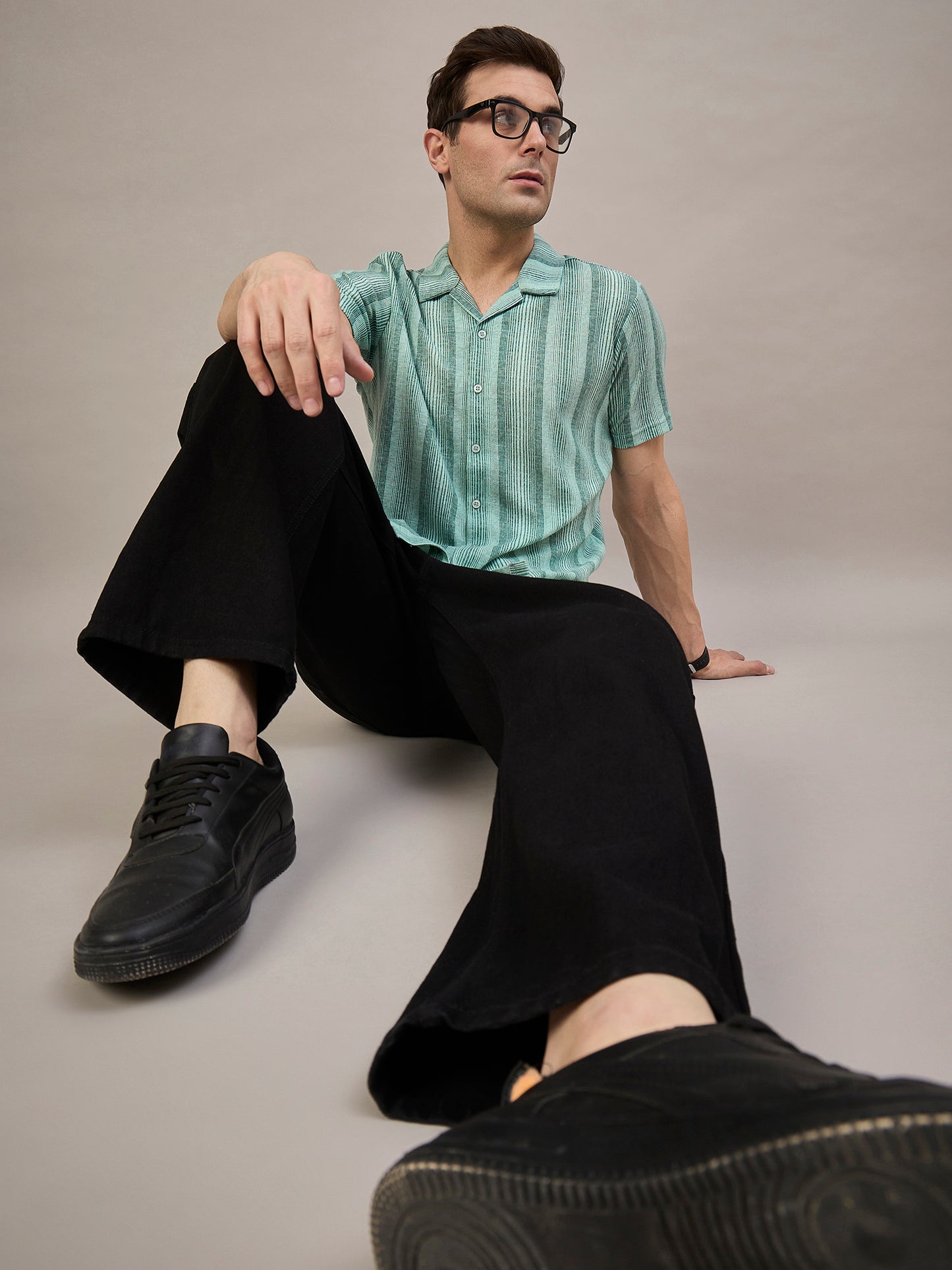 Men Striped Shirt Green