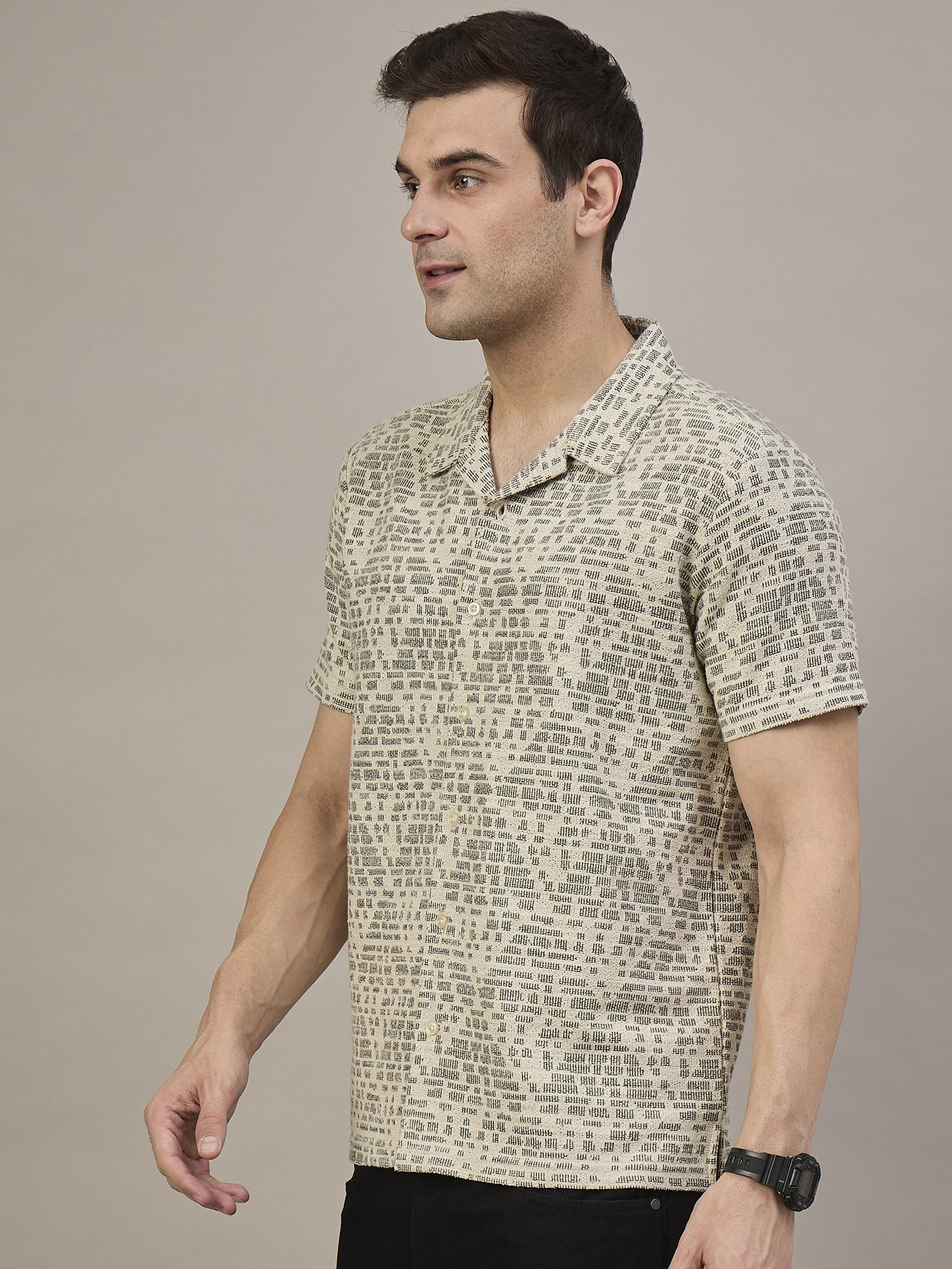 Men Striped Shirt Beige & Grey