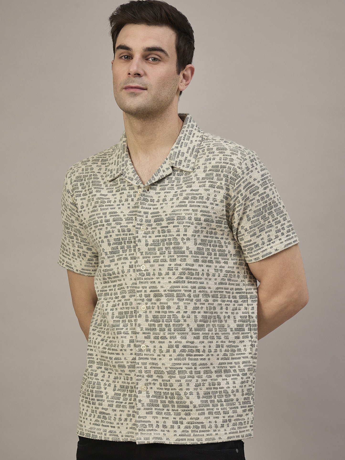 Men Striped Shirt Beige & Grey